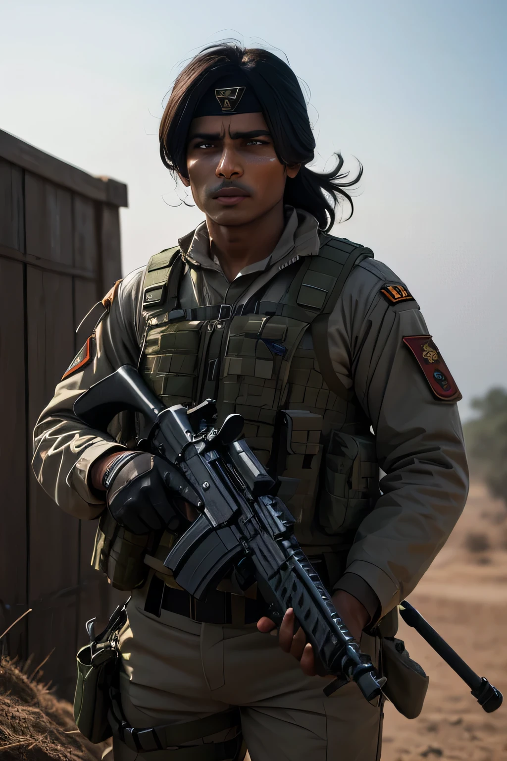 an indian soldier muscular fully armed wounded on a battlefield with gun wearing milltary clothes and gear fighting on a battlefield lokking at camera black and white photo scars of face