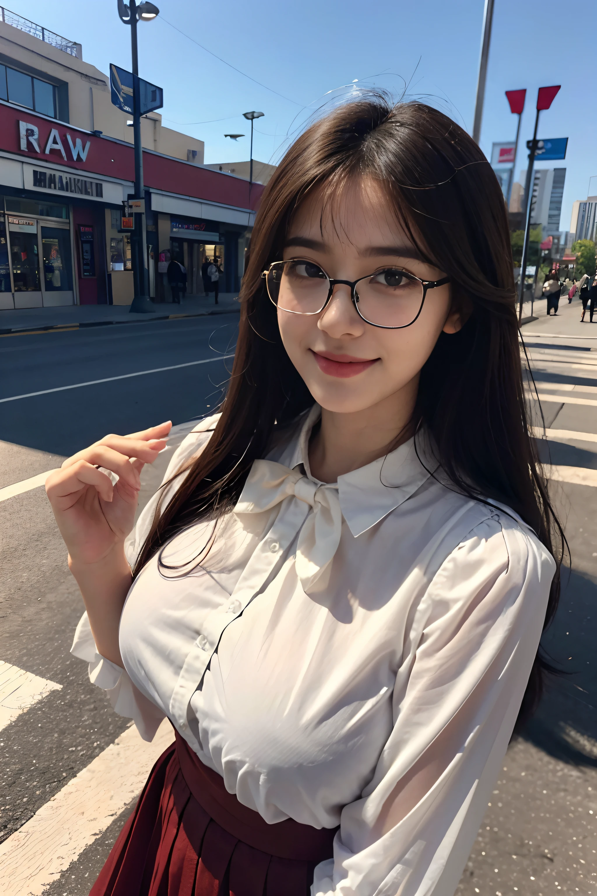 ,
(original photo, best quality), (actual, photorealistic:1.2), a close up portrait photo,
20 year old girl, Shopping mall rooftop café, external,
Smile, (High detail skin:1.4),
puffy eyes, gorgeous hair, air bangs, Brown black hair,huge breasts white opaque shirt,With bow tie, Pure red pleated skirt,
soft light, high quality,((Glasses))