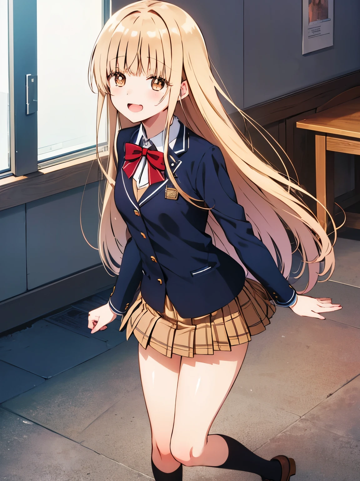 (The beauty of one beautiful girl、shiina mahiru、１８years old、Brown-eyed(High resolution eyes、Beautiful eyes、Light in the eyes)、super high precision、hiquality、top-quality、animesque、2D, Blonde Long Hair、Fine-grained skin, Red cheeks, Red earischievous、During naughty delusions, Beautiful small breasts), happy face, Close-up representation of a single person, (full body))), Full body like、Wearing a school uniform、