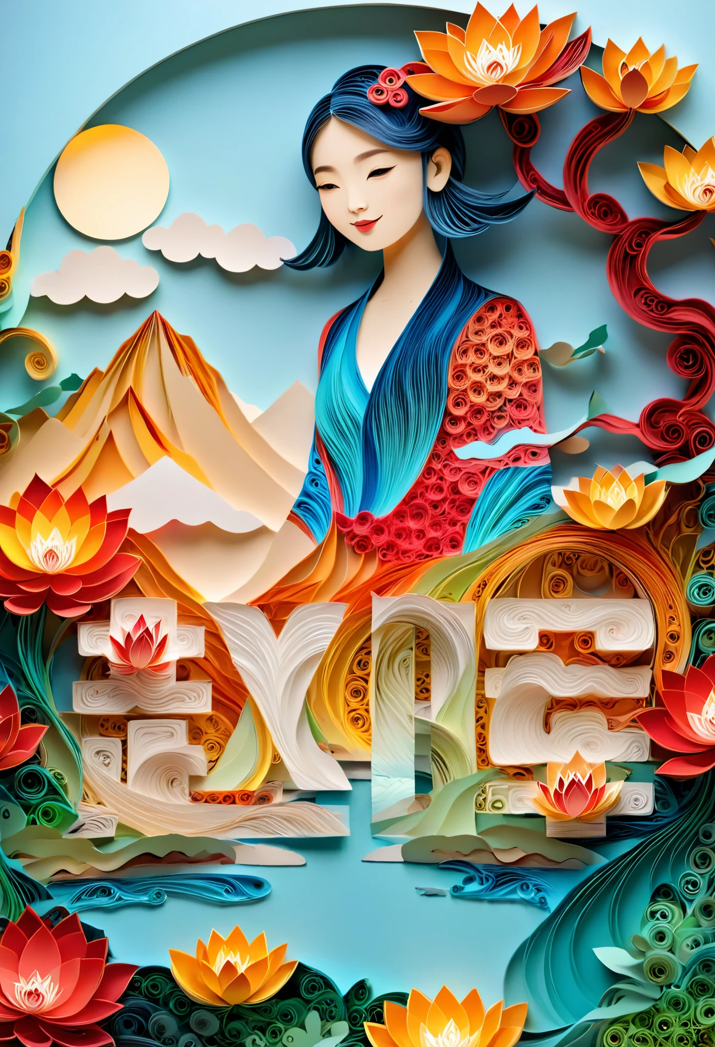 (number art, paper art,layered paper art,paper quilling,paper-cut,paper sculpture)，1 girl,mountains, tree, river，flowers，lotus， (Oriental elements, Chinese color, Advanced color matching),(3D sculpture，Render by Octane，Volumetric light), (Loss of focus, Very colorful, light, chiaroscuro,Ray tracing)