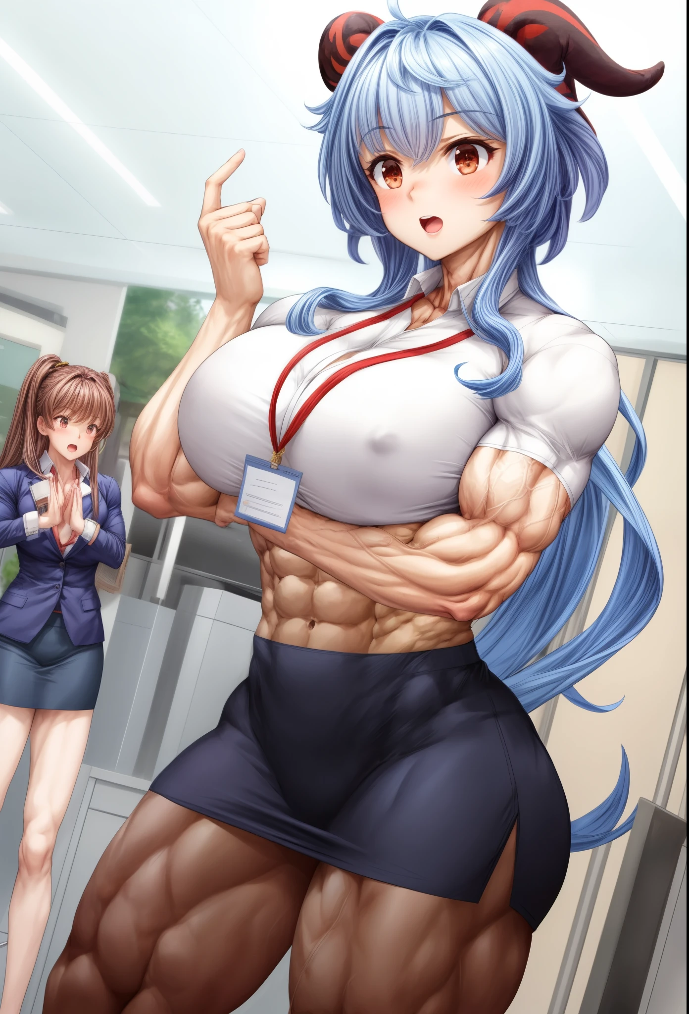 , best quality,2girls, biceps, muscular ,alternate muscle size,,muscular thighs, ,office lady,abs,open mouth,, thick arms, broad shoulders, ganyu keqing