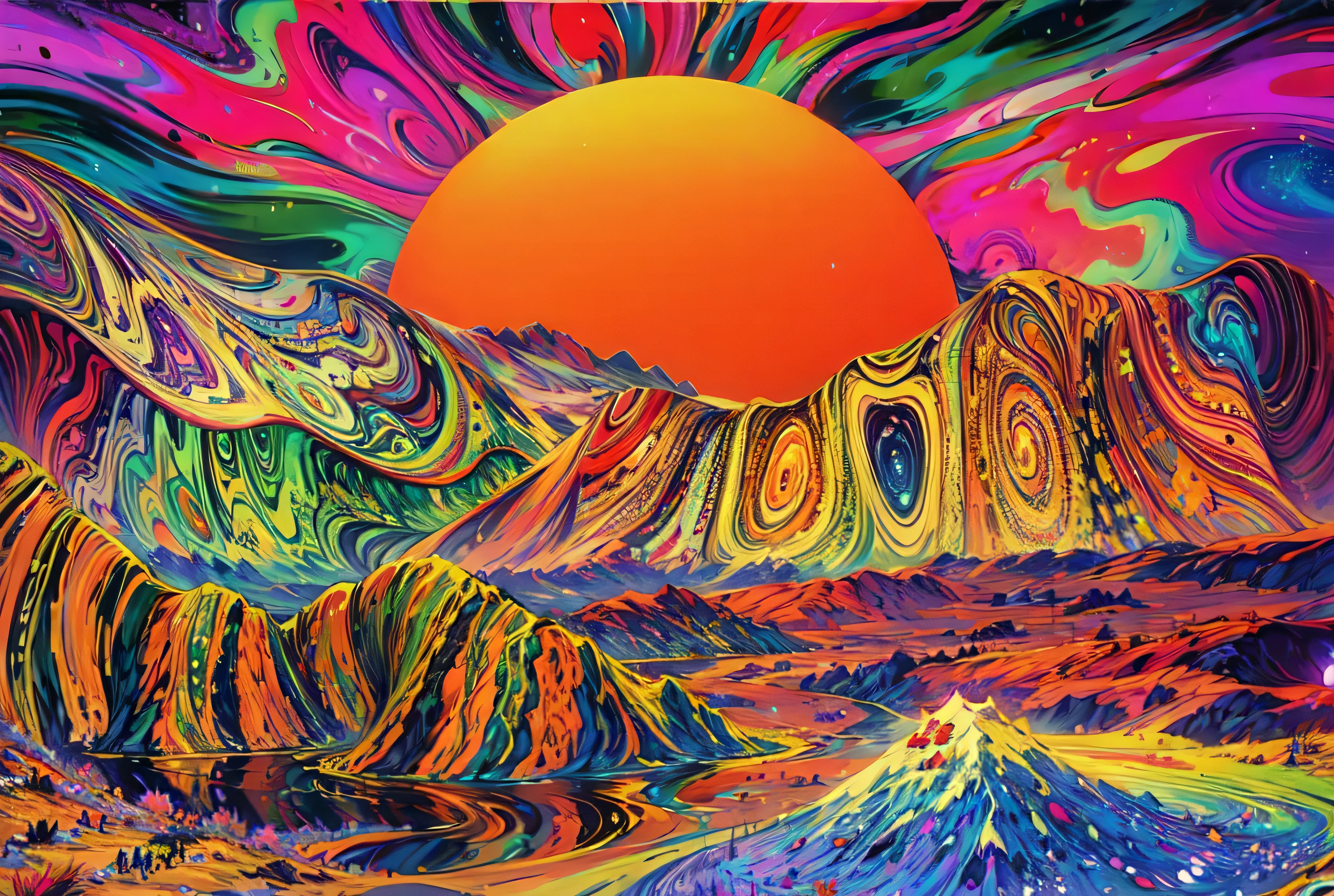 Painting of mountains with sun as background, sunset psychedelic, psychedelic landscape, : Psychedelic ski resort, Psychedelic ski resort, psychedelic digital art, cosmic lsd poster art, psychedelic trip, psychedelic background, Solar failure diagram, psychedelic bright colors, San Francisco psychedelic poster, psychedelic art,