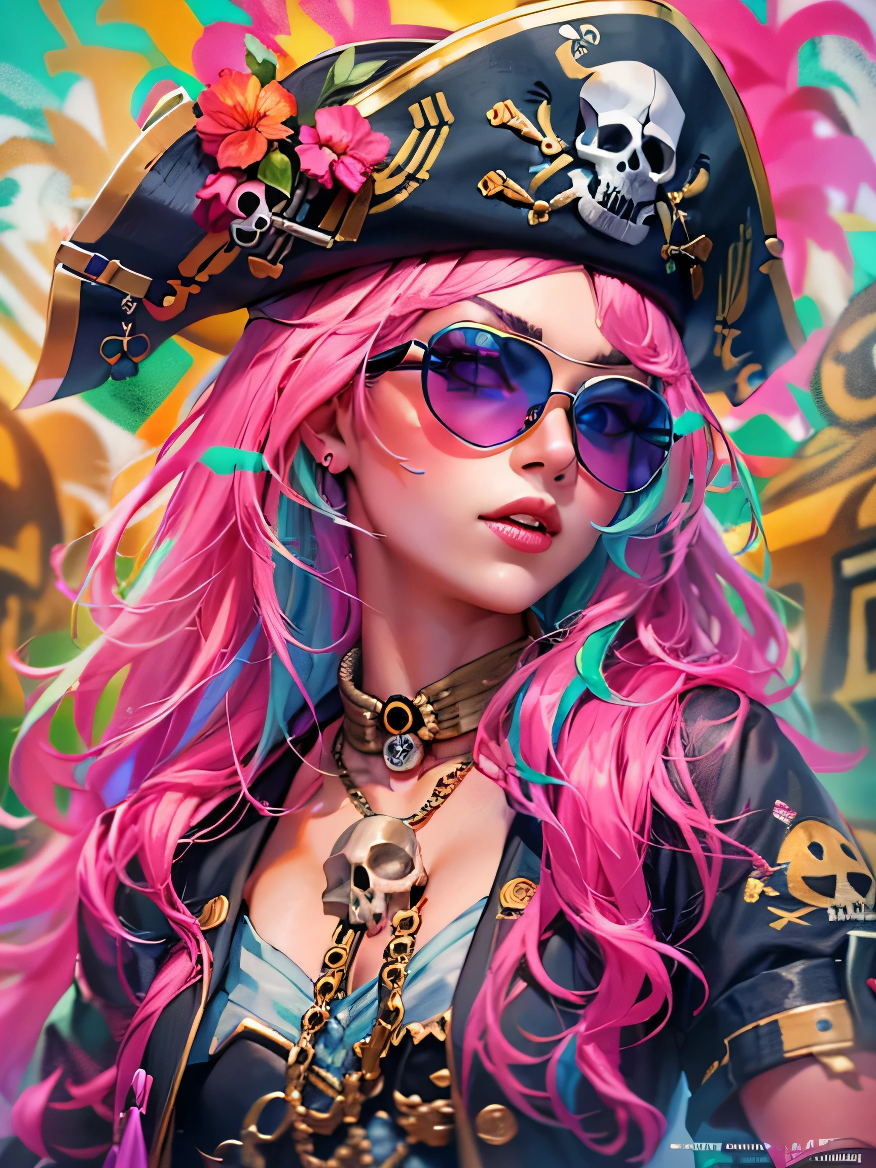 official art，unity 8k wallpaper，Super detailed，Works by stars of the beauty and esthetics industry，highest quality，（and colorful graffiti walls），1 girl，(((super cute girl)))、pink hair，green eyes，very detailed，dynamic angle，Pirate Shots，the most beautiful form of chaos，elegant，beastly design，bright colors，romanticism，(((The strongest pirate girl in history)))，((Stylish sunglasses))、(stylish cap)、(((skull fashion)))、white skin、small breasts, (((colorful doodle art))), colorful flowers、colorful hair, provocative