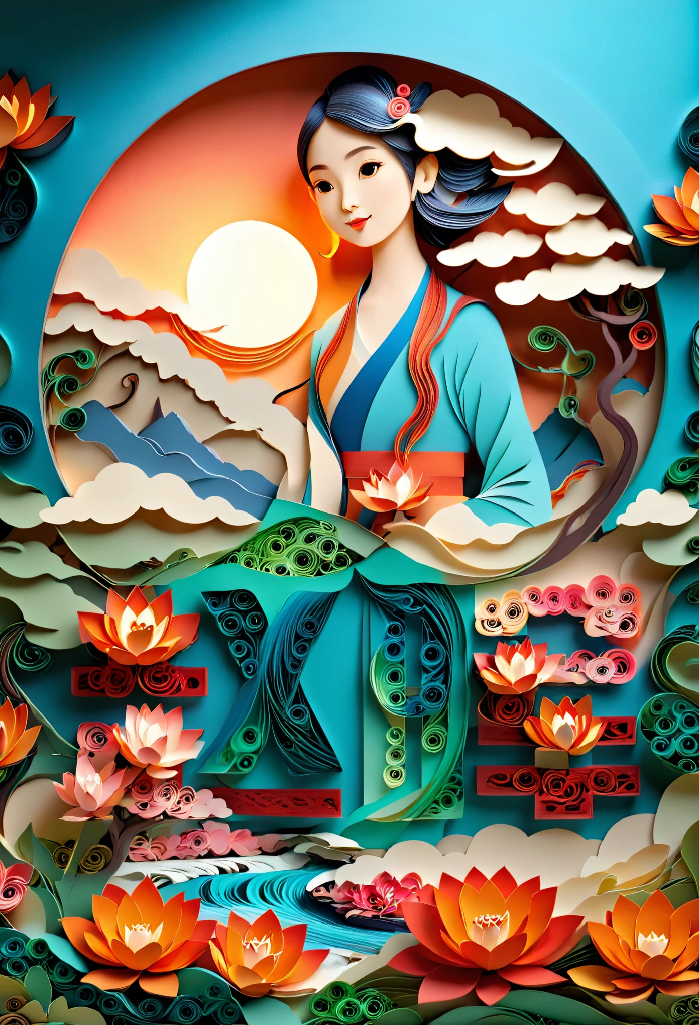 (number art, paper art,layered paper art,paper quilling,paper-cut,paper sculpture),1 girl,mountains, tree, river,flowers,lotus, (Oriental elements, Chinese color, Advanced color matching),(3D sculpture,Render by Octane,Volumetric light), (Loss of focus, Very colorful, light, chiaroscuro,Ray tracing)