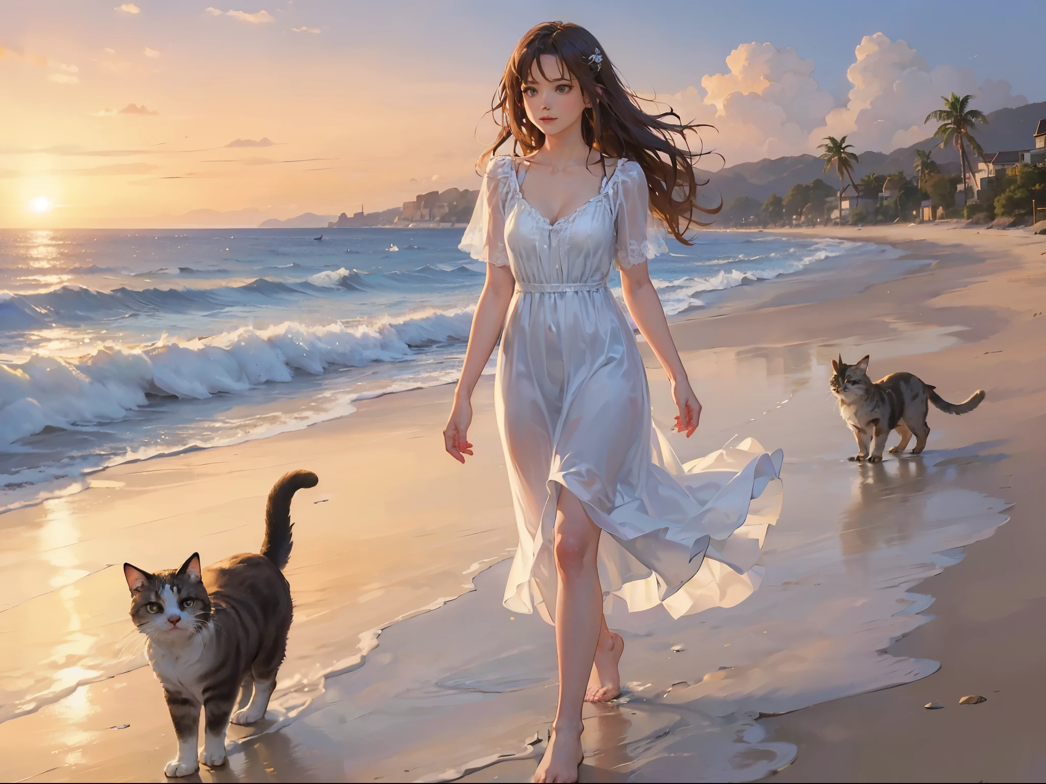 Beautiful evening beach with stars, waves illuminated by the setting sun, Calm and quiet waves、Beautiful woman walking on a sandy beach on a small island, gentle smile, beautiful blue eyes, long brown hair, (( The woman's face is beautiful and detailed)), Wet and glowing, white dress, white cart, walking shoes)),There are multiple cats on the beach、 ((highest quality)), ((high resolution 16k)), ((The background is realistic and beautiful.)), --automatic