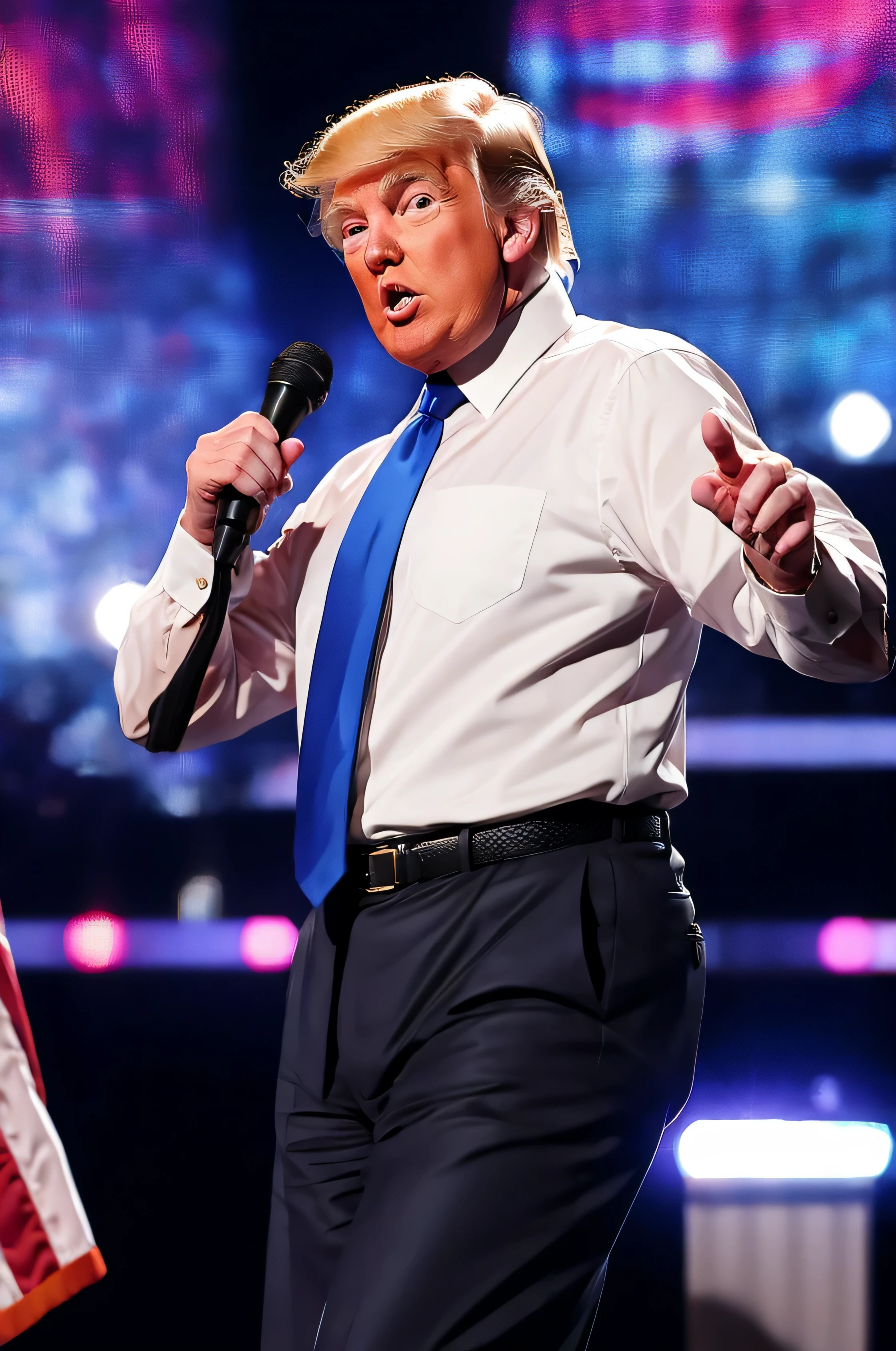 Donald Trump doing a dance on stage, smiling.