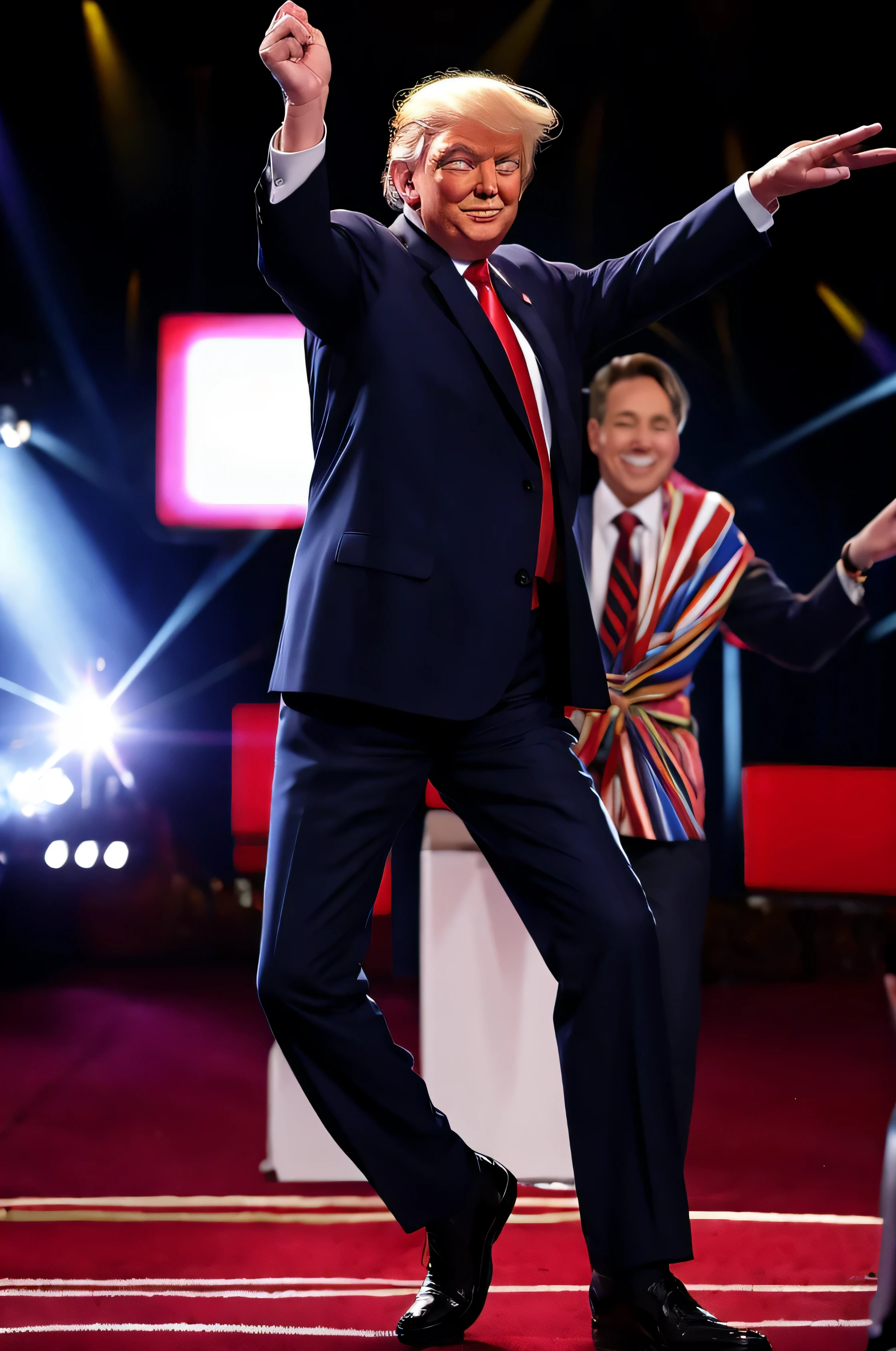 Donald Trump doing a dance on stage, smiling.