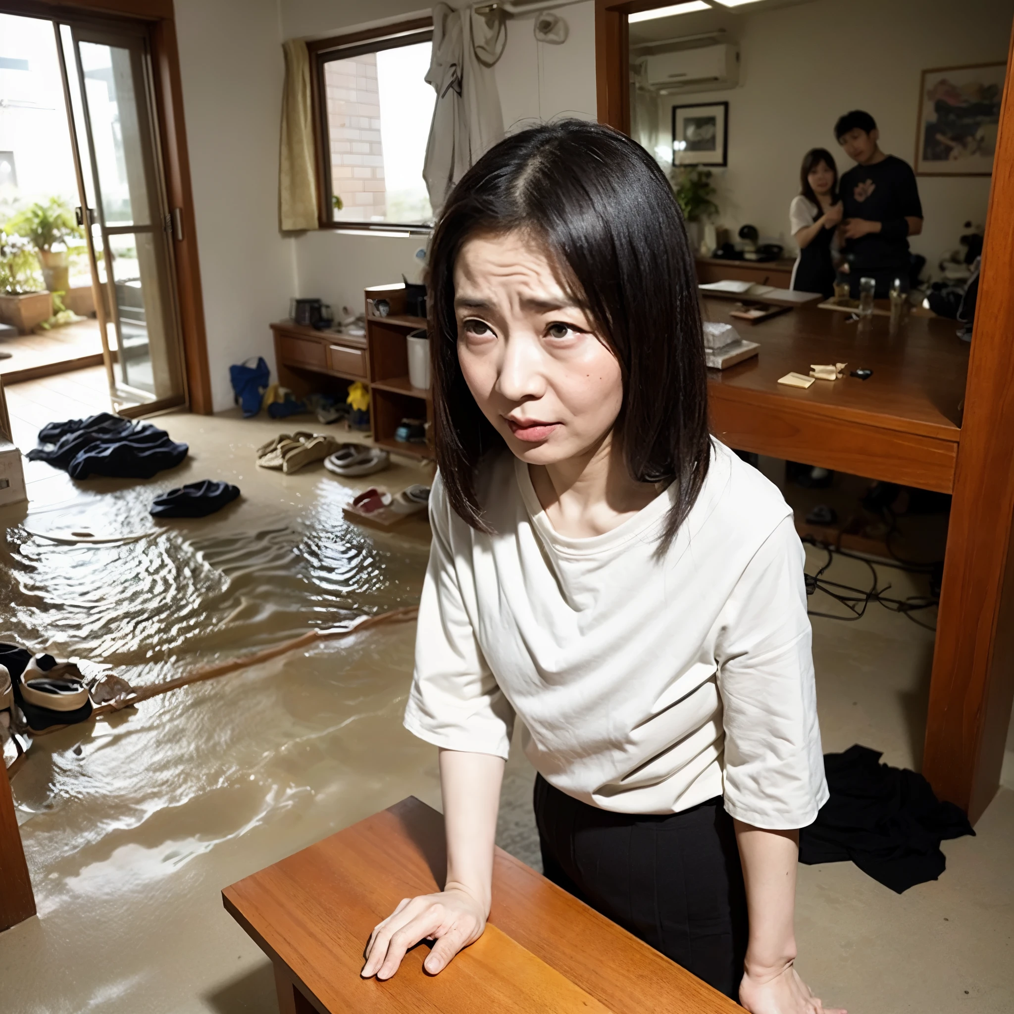 An Asian couple looking at the camera，stand at the door，Sour facial expression，The body is wet with water，There was also some mud sprinkled on the clothes，HD quality