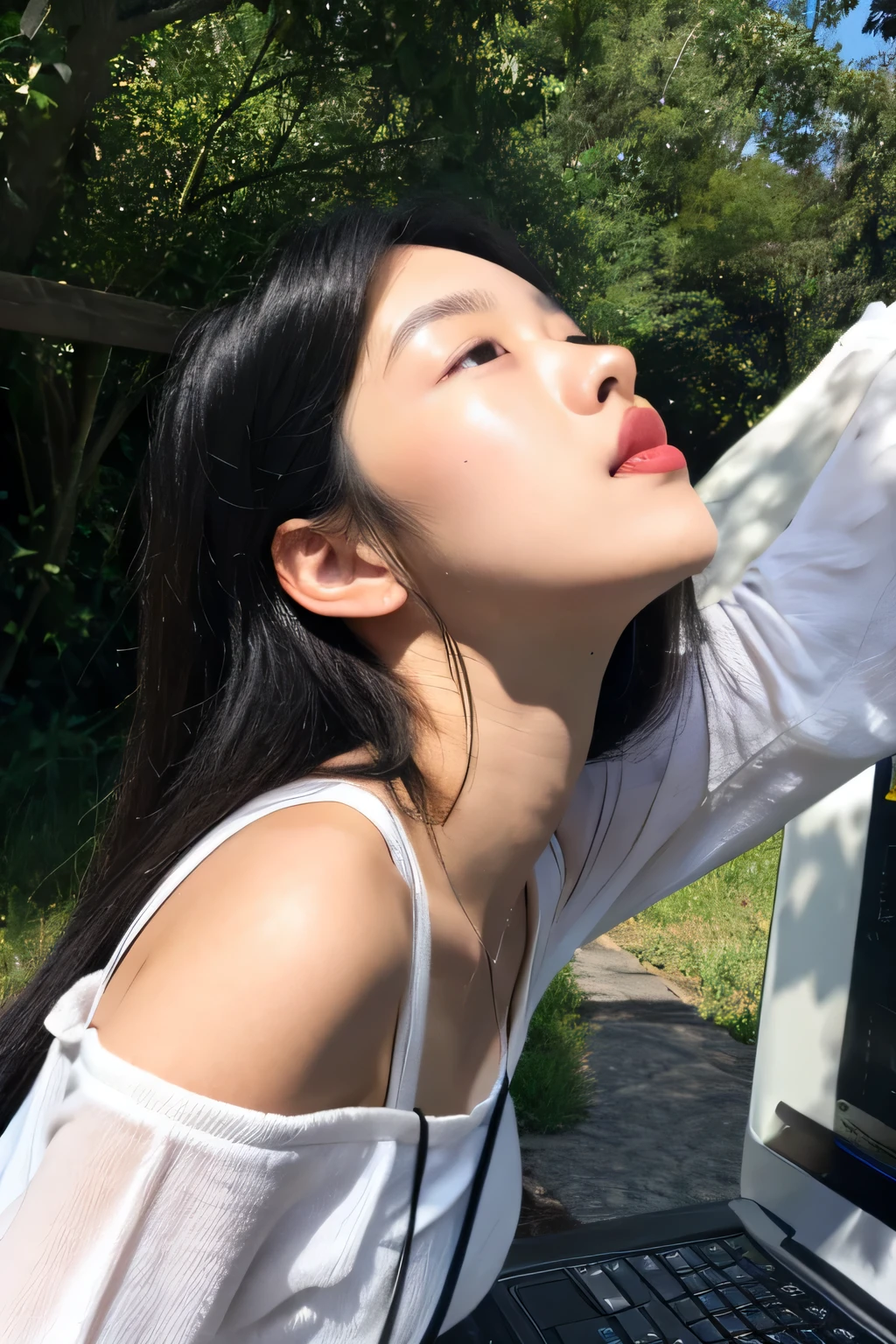 Marugao、double eyelid、Fair skin、black hair、titsEcup、Japanese girl around 20 years old。White tuck top。Tired from working on the computer, So I took a break..。Raise your arms high and stretch。