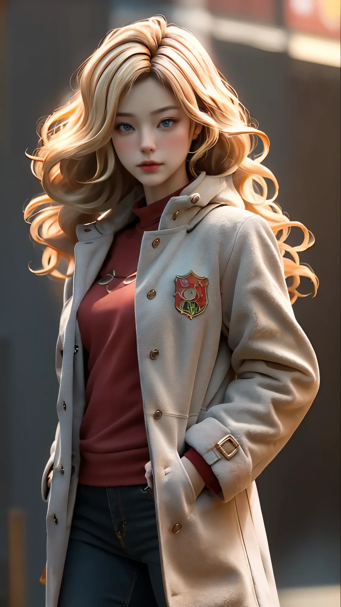 Realistic Red Sotheby Girl Photo,35 year old beautiful woman,long side waves,delicate blonde hair,cool look,background is gray,Coat of arms of the Principality of Zeon,