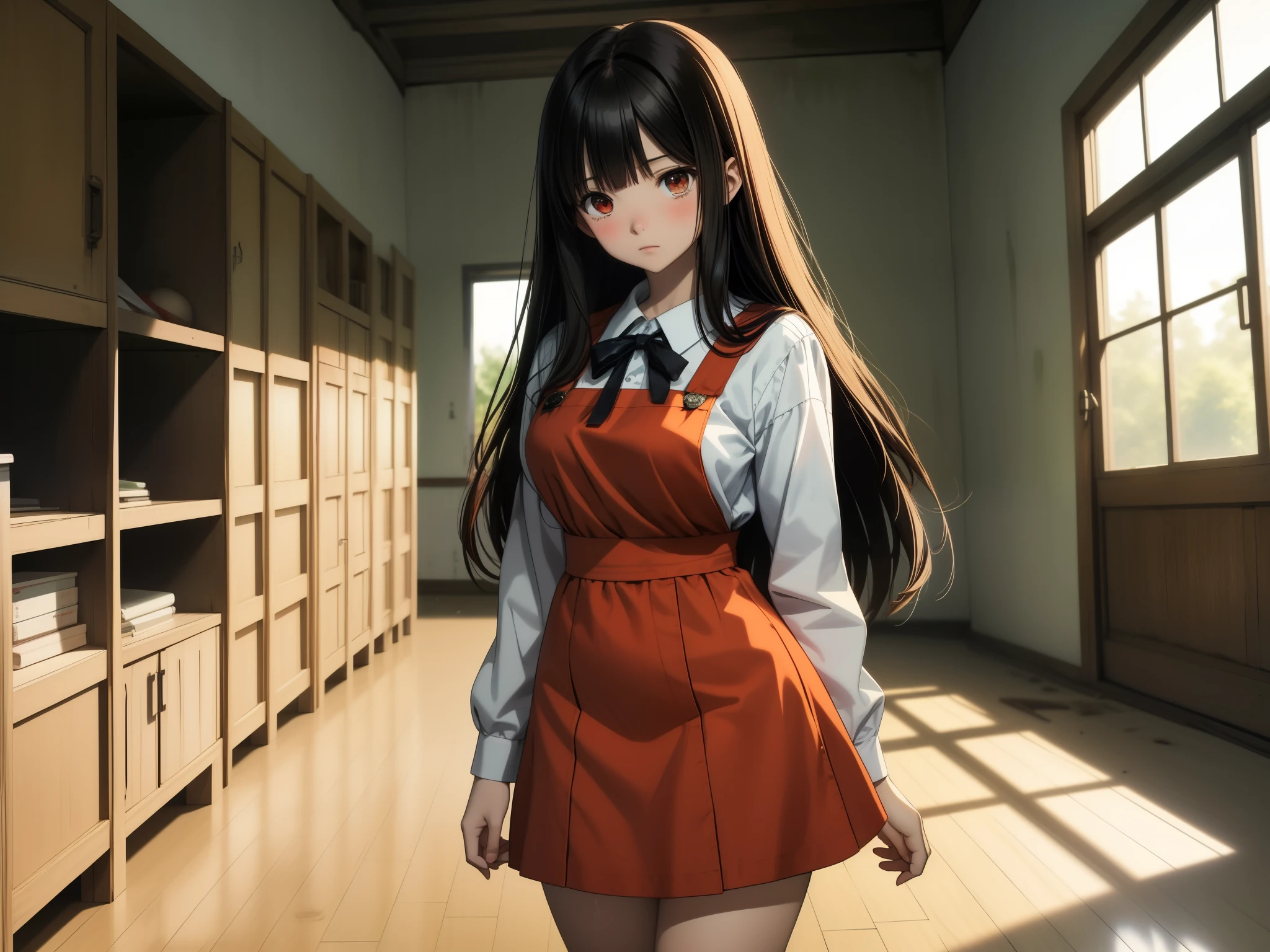 anime style, 1 girl, beautiful girl, sharp eyes, black hair, very long hair, straight bangs, wears a white long-sleeved shirt under a long red pinafore dress, red pinafore dress, miniskirt, black ribbon on her neck, she has bkack socks and brown shoes, long sleeves, thick thighs, wide hips, very big breasts, great figure, abandoned house, twilight, walking walking, corridor, window, wooden floor, boxes, shelves, misterious, orange light