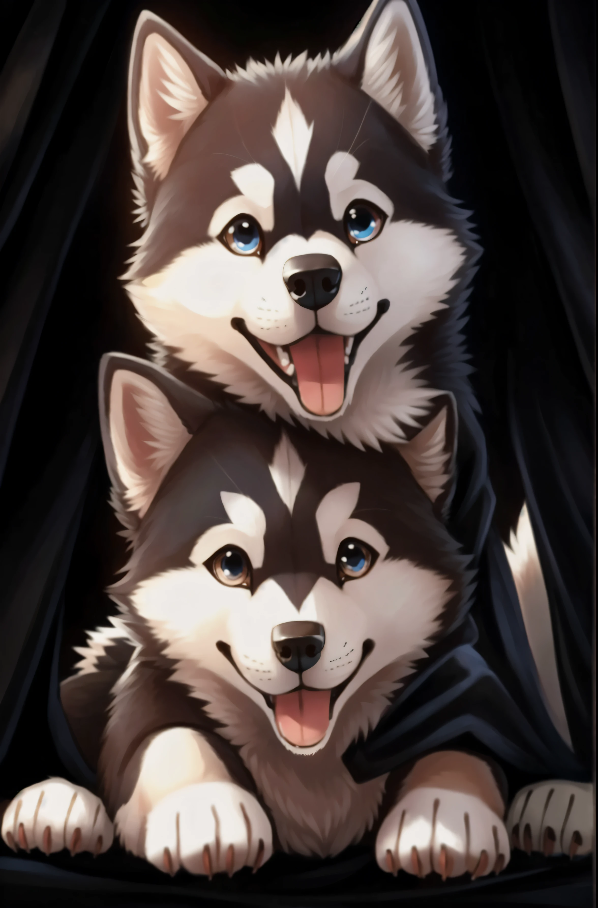 two husky dogs are sitting on a black blanket with their heads hanging out, anime cover, r/aww, husky, awwwww, dogs, doge, sakimi, two finnish lapphunds, aww, puppies, siberian husky, cute faces, by Shiba Kōkan, husky dog, two dogs, wlop and sakimichan, closeup!!!!!!