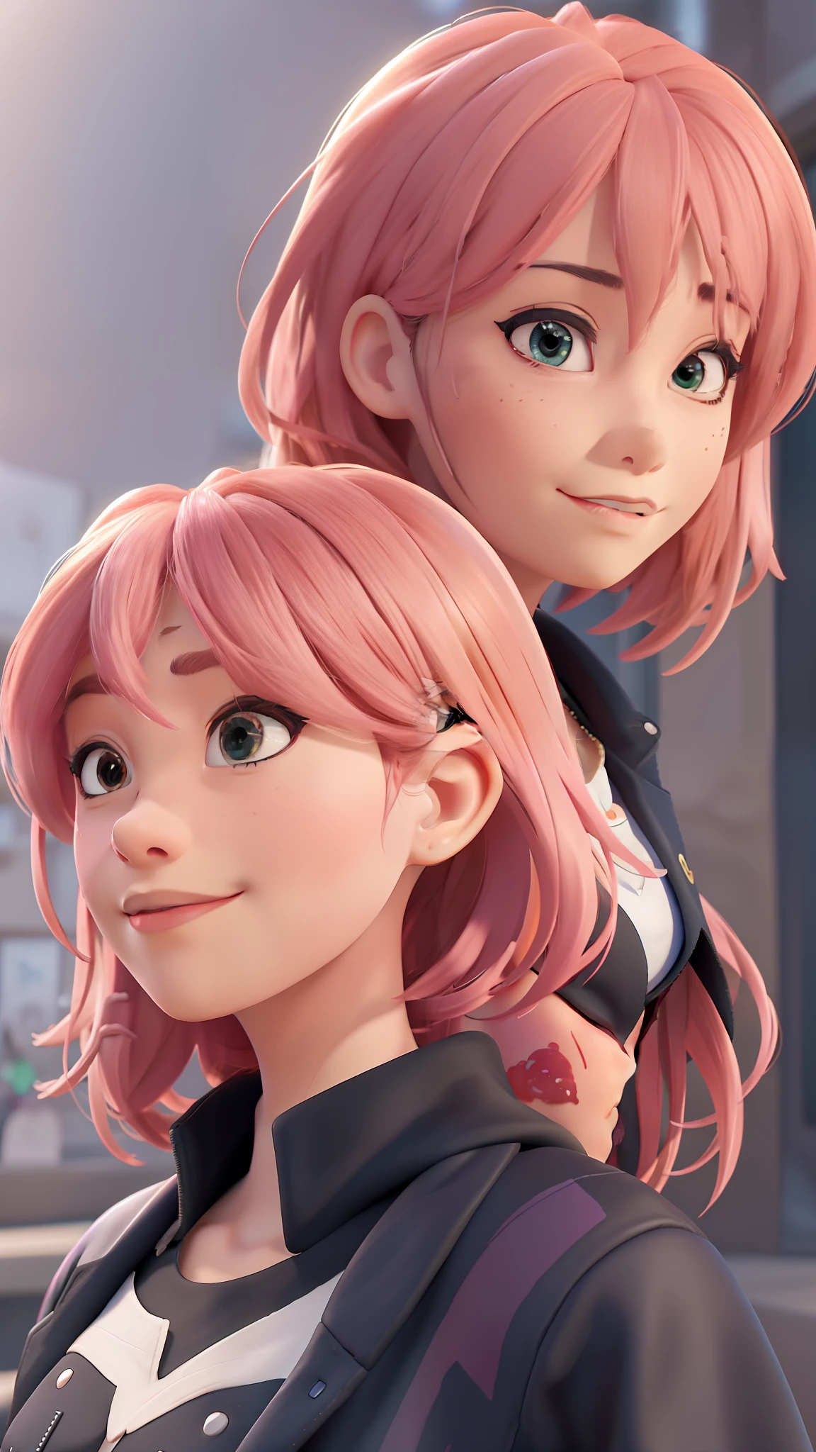 Close-up of two women with pink hair and black jackets, anime realism style, unreal 5. RPG portrait, cgsociety portrait, realistic art style, Smooth anime CG art, Photorealistic anime girl rendering, Realistic anime 3d style, loss draw 1. 0, realistic 3d animation, art germ ; 3d unreal engine, realistic anime art style,The background is space,