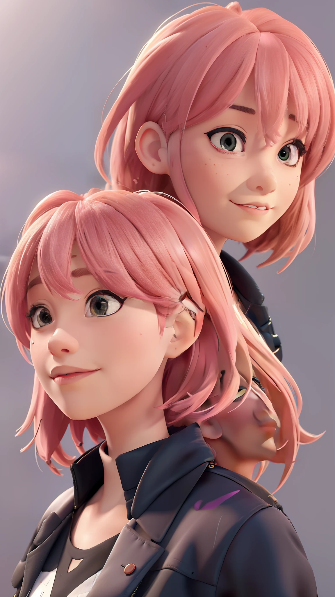 Close-up of two women with pink hair and black jackets, anime realism style, unreal 5. RPG portrait, cgsociety portrait, realistic art style, Smooth anime CG art, Photorealistic anime girl rendering, Realistic anime 3d style, loss draw 1. 0, realistic 3d animation, art germ ; 3d unreal engine, realistic anime art style,The background is space,