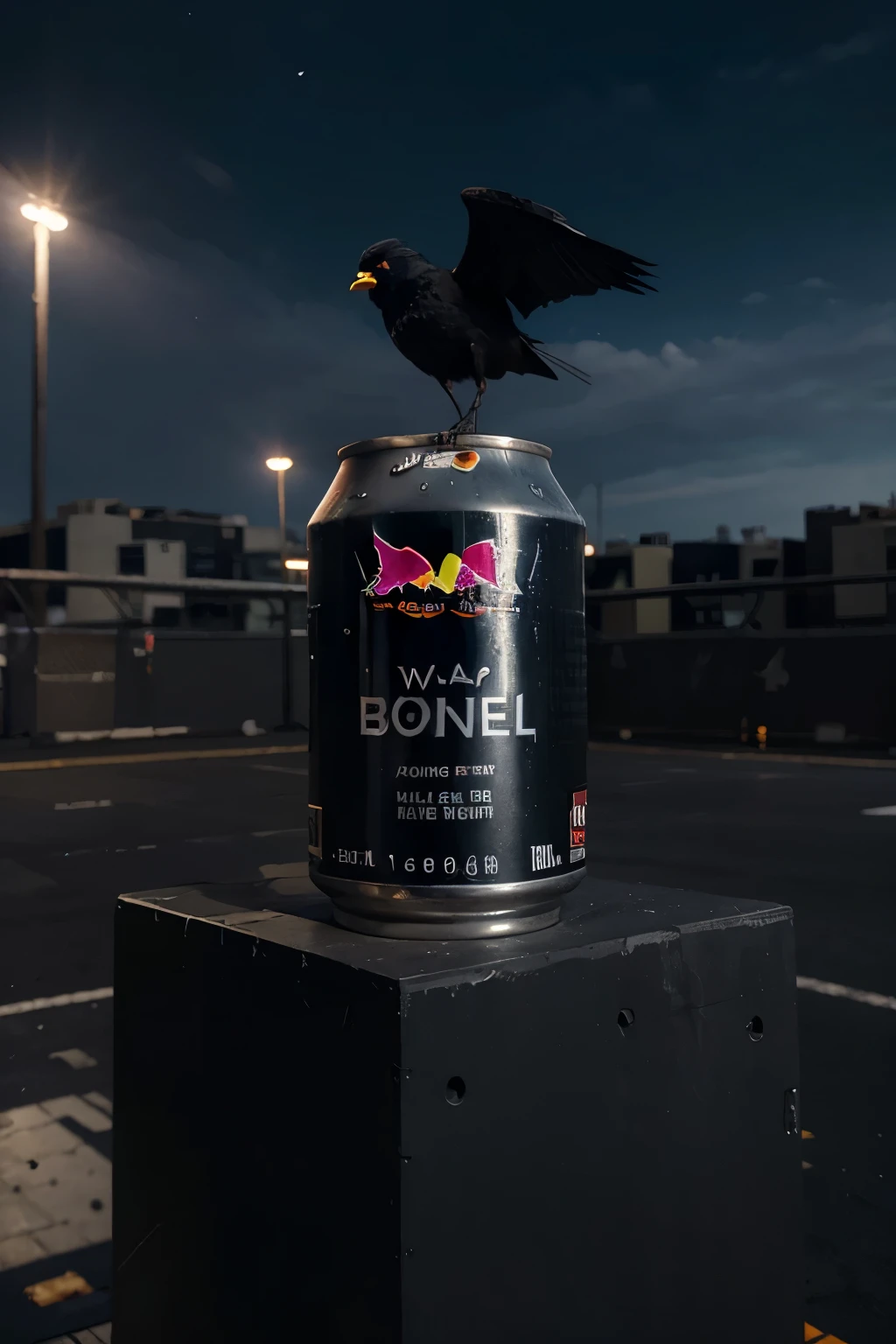 A grey and deep black can of Redbull, with dark feathered black wings attached to the can, floating in the sky, above deep black buildings, not on the ground, cast shadow, shot by black paris, full length of the can, best quality, 3d, ultra realistic, HD, at night, really wide shot, camera lens, 20mm, white rim light,