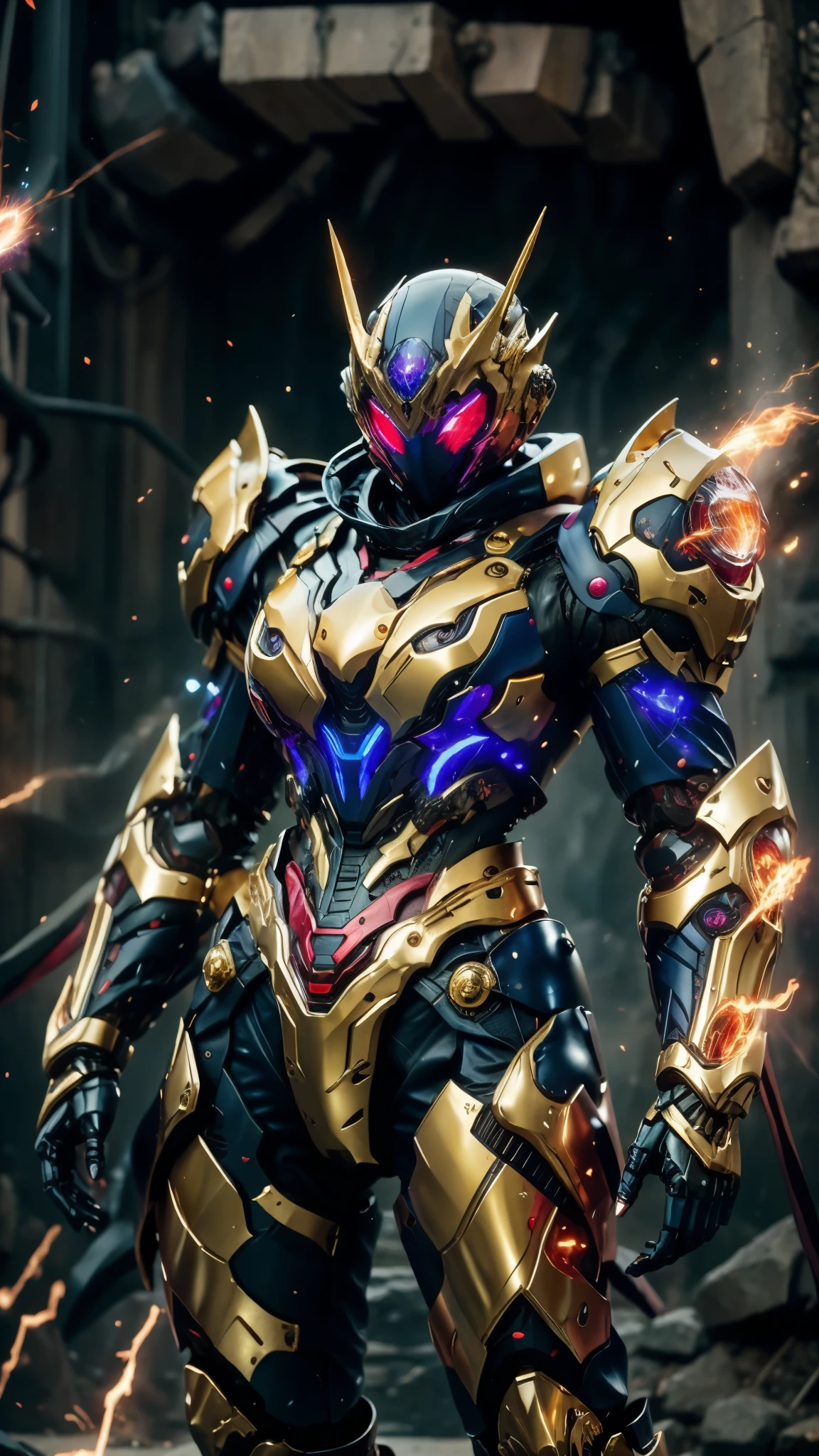 A woman adorned in fantasy-style full-body armor, a crown-concept fully enclosed helmet that unveils only her eyes, a composite layered chest plate, fully encompassing shoulder and hand guards, a lightweight waist armor, form-fitting shin guards, the overall design is heavy-duty yet flexible, ((the armor gleams with a golden glow, complemented by red and blue accents)), exhibiting a noble aura, she floats above a fantasy-surreal high-tech city, this character embodies a finely crafted fantasy-surreal style armored hero in anime style, exquisite and mature manga art style, (Queen bee mixed with Spider concept Armor, plasma, blood), ((Element, energy, elegant, goddess, femminine:1.5)), metallic, high definition, best quality, highres, ultra-detailed, ultra-fine painting, extremely delicate, professional, anatomically correct, symmetrical face, extremely detailed eyes and face, high quality eyes, creativity, RAW photo, UHD, 32k, Natural light, cinematic lighting, masterpiece-anatomy-perfect, masterpiece:1.5