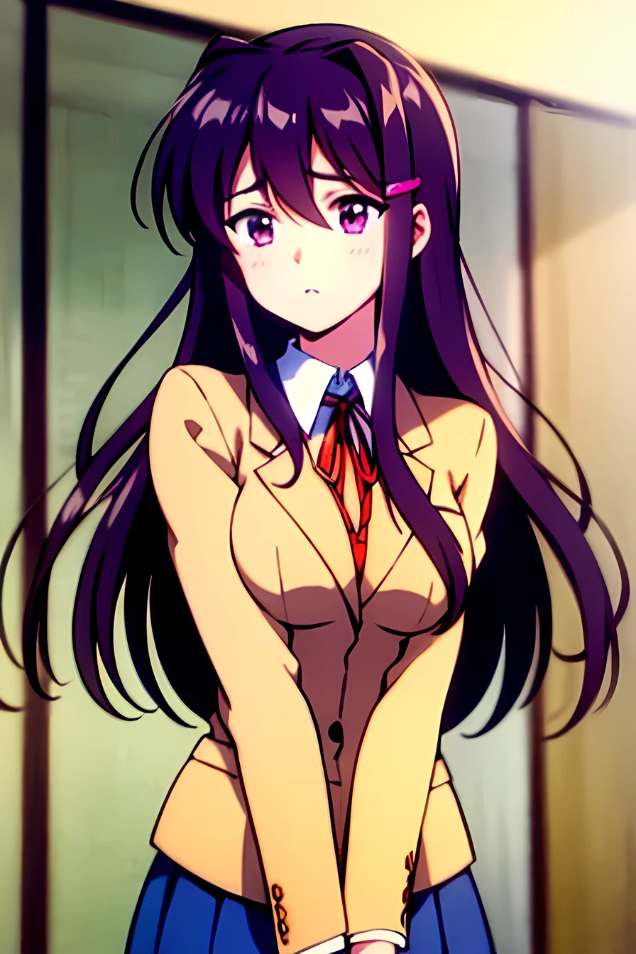 La foto de Yuri en el anuario de la escuela secundaria., shy look, brazos hacia abajo, DDLCYURI, adorno para el pelo, Pecho grande, Pinza para el cabello, pelo entre los ojos, pelo largo, neck cinta, cinta, uniforme escolar, camisa, Falda azul, chaqueta de sport, chaqueta cafe, (ojos morados:1.1), cabello purpura, estilo de los 80