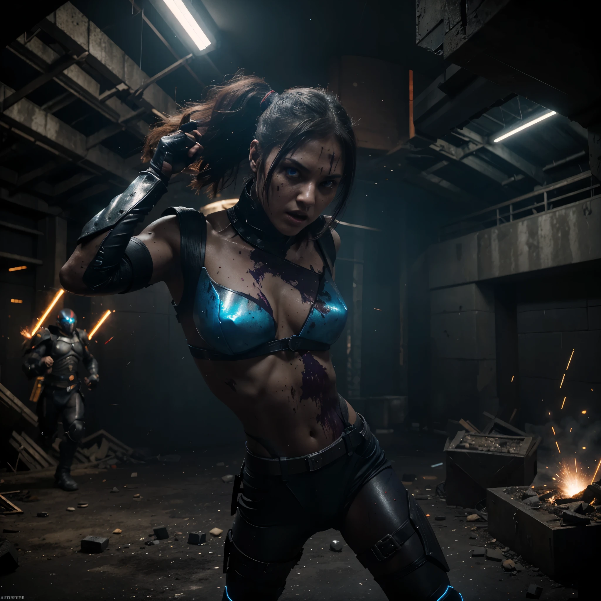 a girl fighting Sektor in a dark underground arena,Mortal Kombat theme,furious action,martial arts,high-energy fight scene,fast-paced movements,brutal attacks,chainsaw hands,metallic armor,glowing red eyes,explosions and sparks,heavy steam and smoke,blood splatters,grim and intense atmosphere,flawless victory,extreme close-ups of faces and expressions,slow motion moments,sharp and intense lighting,high-res 3D rendering,vivid colors,hyper-realistic details,realistic physics and movements,professional concept art style,post-apocalyptic setting basked in blue and purple tones
