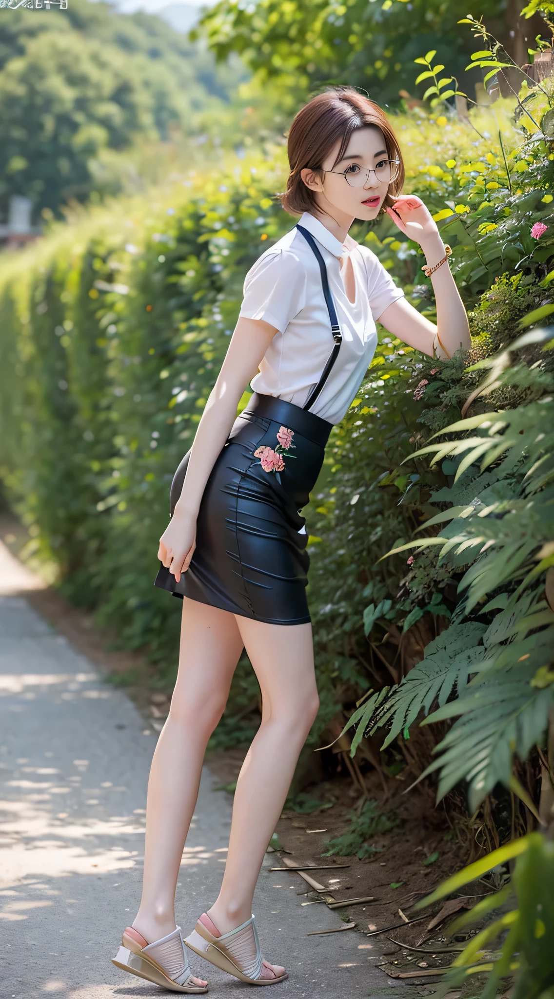 NSFW, 8k original photo, best quality, masterpiece, ultra high resolution, film grain, movie lighting, 1girl wears a pair of metal glasses, looking at the audience, natural skin texture, Realistic eyes and facial details, full lips, lipstick, (make up), red eye shadow, fluffy short hair, messy hair, Smile, rejoice, 漂亮的leg, tall woman, thin, Slim_leg, alone, nipple, Position your buttocks toward you, 迷你printed silk skirt, hindquarters, Beautiful natural location, The location of flowers around, (Detailed background) , Show a little through shirt, footwear, Vague的背景, Vague, bridle,, short sleeves, ribbon around neck, jk ribbon, brown hair, bracelet, water, through bangs, jewelry, open lips, copen lipss, View from the side, printed silk skirt, depth of field,seaside,rural area,sling,standing,