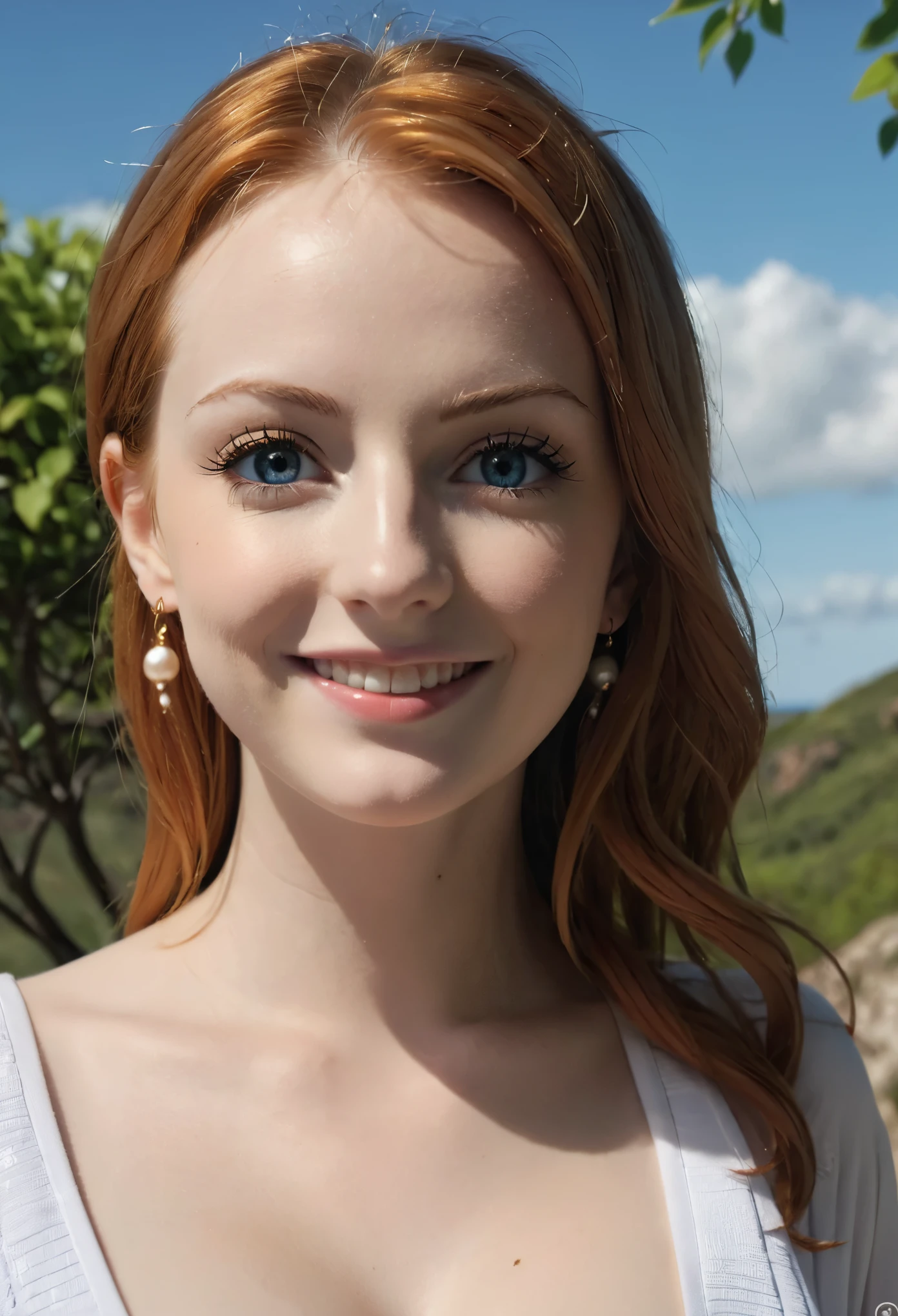 ultra realistic 8k cg, (ultra detailed background, delicate pattern, intricate detail, highly detailed, fine details), best quality, (photorealistic:1.4),beautiful lighting, absurdres, RAW photo, film grain, ((medium breasts, slim girl,  close-up, portrait)), Nami, 1girl, solo, orange hair, long hair, (earrings, hazel eyes), ((slim girl, big breasts)), cleavage, smile, cape, epaulettes, navel, midriff, blush, collarbone, (complex detailed background, blue sky, nature environment, close-up, portrait), hazel eyes, hazel eyes, very white skin, 18 years, Nami, perfect skin, big breast, white young woman, very white skin, Namiv2, Nami from one piece, model IG, lovely, femenine, very white skin, very white girl, only very white skin, 18 year old, Nami, natural orange hair