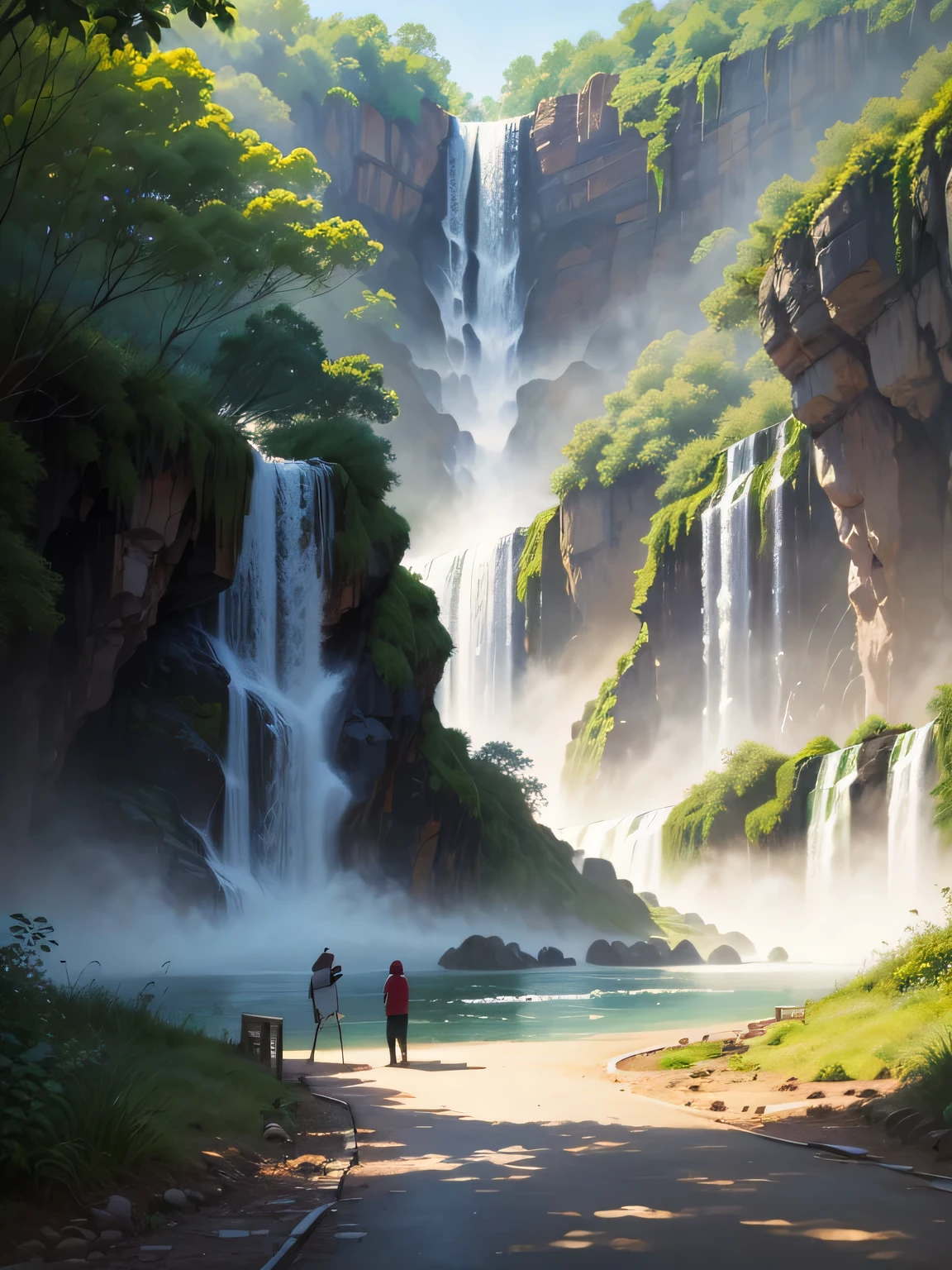 Iguazu Falls, There is a footpath for tourists painted in watercolors., Create as the best watercolor painter,perfect lighting, Light and shadow, bird、butterfly. masterpiece, highest quality