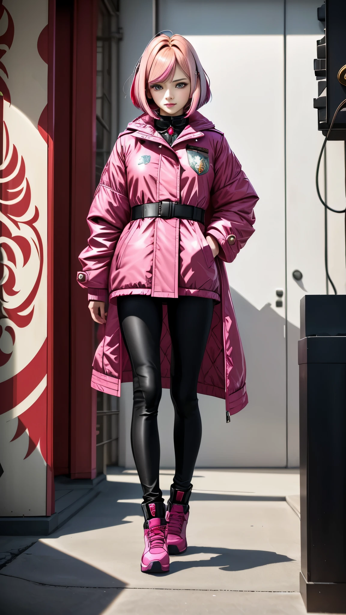 Realistic red Sozabi girl full body photo,short bob cut,Her hair color is bright pink and has a gradation with blonde.,cool look,background is gray,Coat of arms of the Principality of Zeon,The 16-year-old daughter of Hamankarn and Char Aznable.,