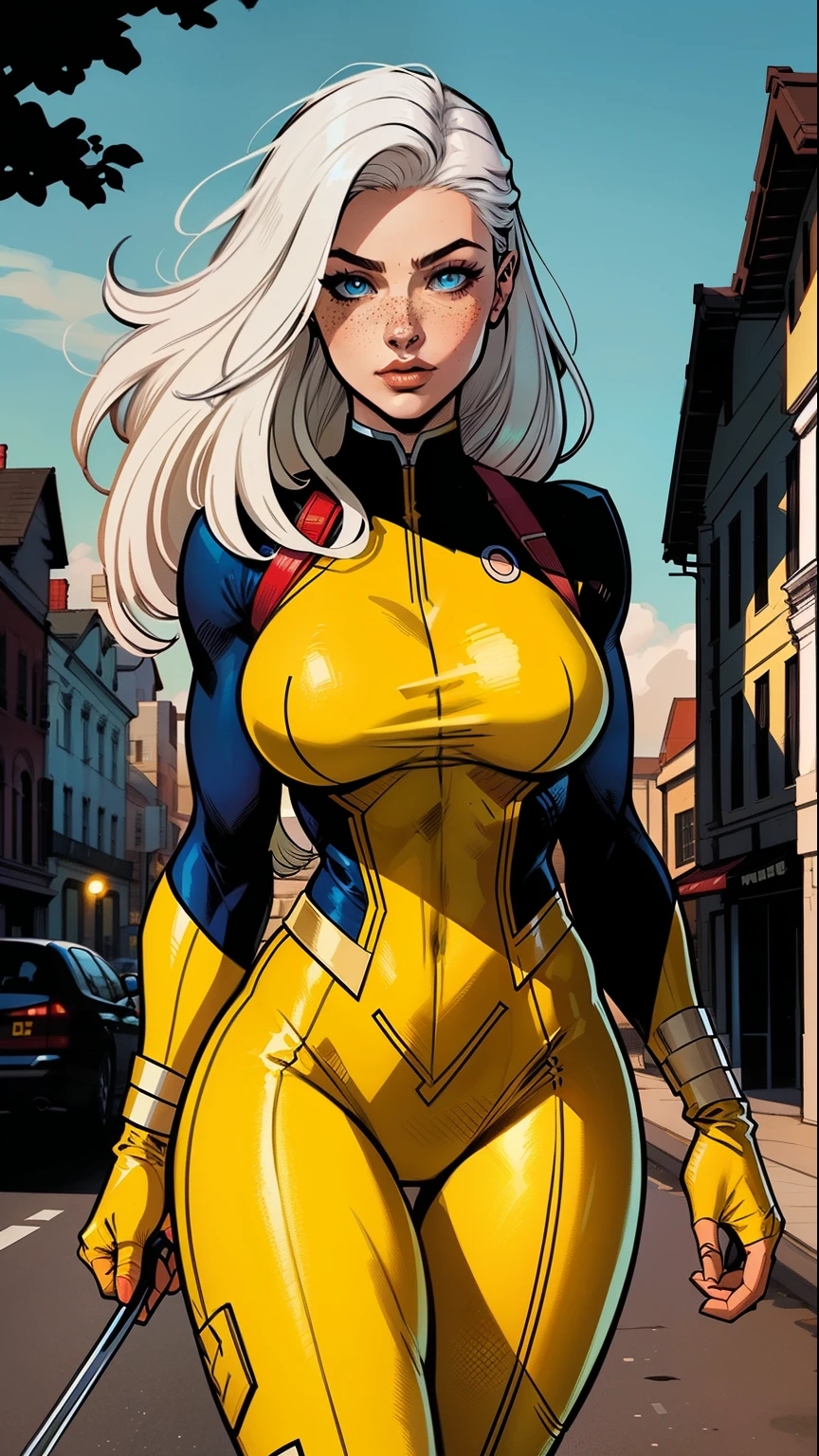 A woman, white hair, hair with bangs, 90's x-men uniform, outside, Marvel art style, comic, blue eyes, some freckles, dark yellow spandex, red accent