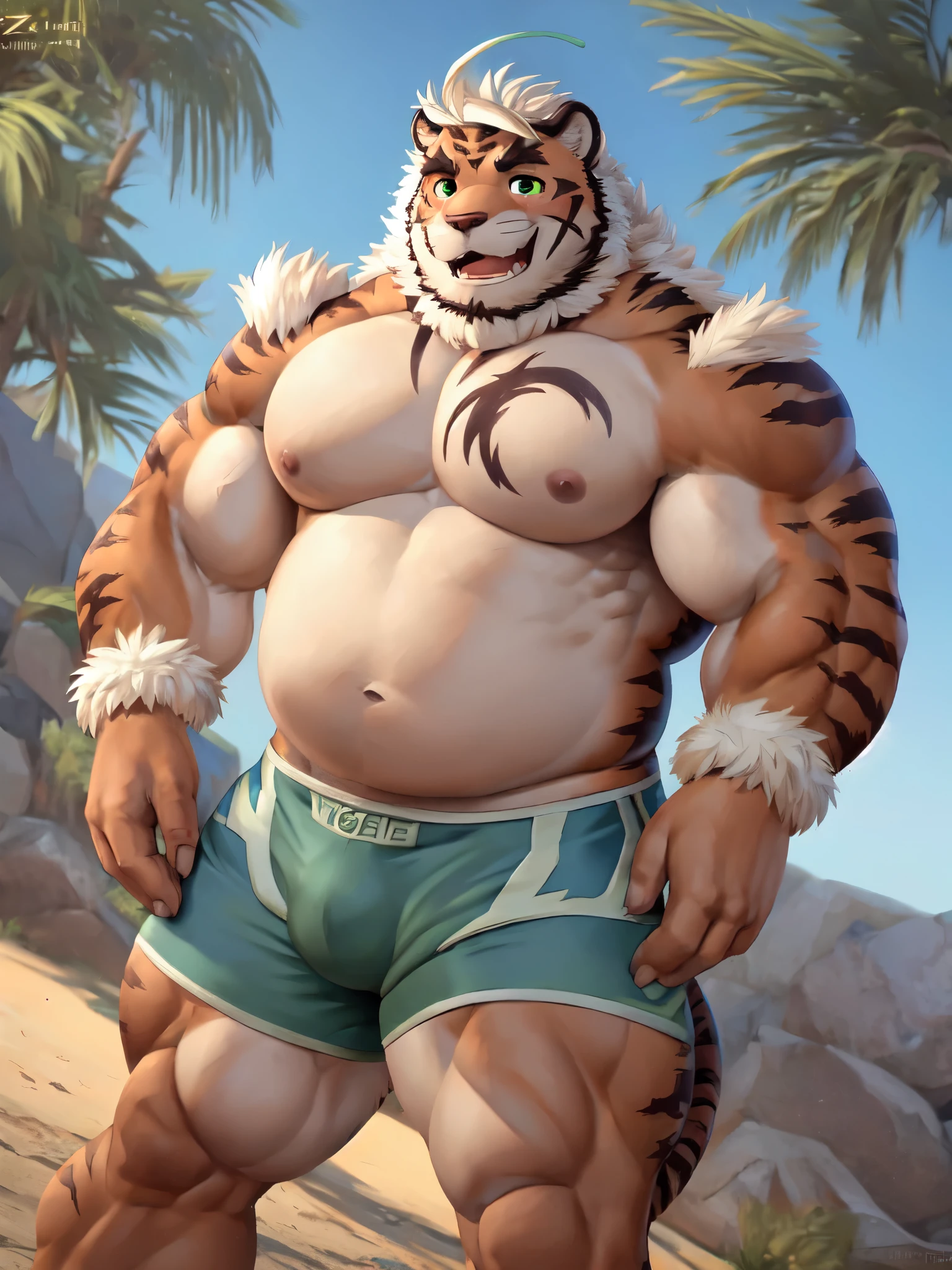 hombretigre, solo, (soft shading), 4k, hi res, ((detailed face, detailed eyes, detailed)), (full body), by zackarry911, by zaush, (by personalami:0.5), muscular, muscular male, bara, (plump), belly, pose, solo, smile, left eye wink, 1boy, navel, nipples, green eyes, male focus, thighs, shorts, stomach, bulge, topless male, bare pectorals, green shorts, wrestling outfit, nipples, left hand rubbing own belly (touching own belly:1.3), right bicep flex, belly predomination, showing off belly, athletic body ((correct anatomy:1.3)), abs (abs on round belly), round belly (((abs on round belly))), bloated belly (with some muscle), point perspective scene, muscle gut, bulge, bedroom enviroment