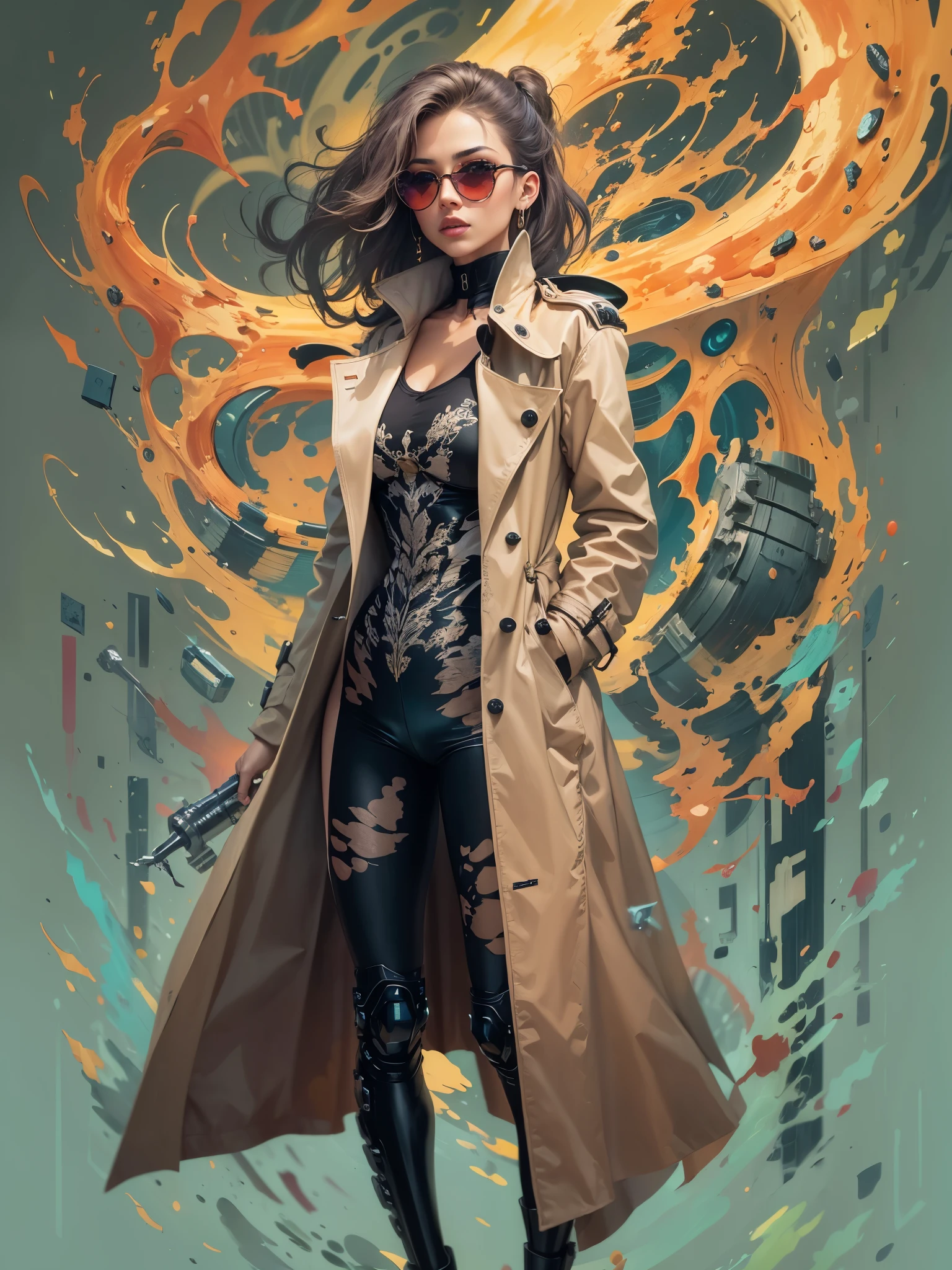 ((best quality)) , ((masterpiece)) ,((details)) ,Abstract style,a Hip-Hop Female Banshee, she is wearing a Trench coat, her Trench coat is tailored by Jason Wu, Cybernetic Eye, 8k resolution ((Simple background)),opulent . Non-representational, colors and shapes, expression of feelings, imaginative, highly detailed,8k resolution