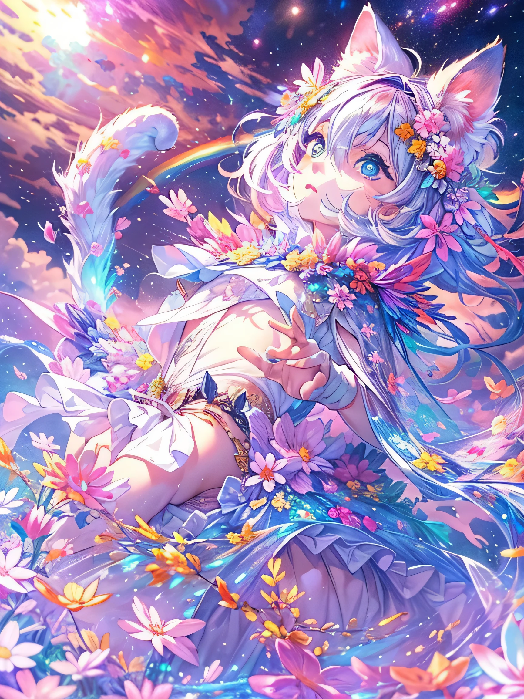 (highest quality,4k,High resolution,masterpiece:1.2), realistic, anime style, kitten 1, (((The most beautiful anthropomorphic cat ever))), (((express love and courage)))、(((stylishなメガネ))), lips in love, stylish、colorful flowers、dreamy atmosphere, cosmic phenomenon, dancing star, huge colorful rainbow, bright colors, colorful sky, fluffy clouds, epic scene, fantasy, magic, awe-inspiring, 超realistic, anime wallpaper