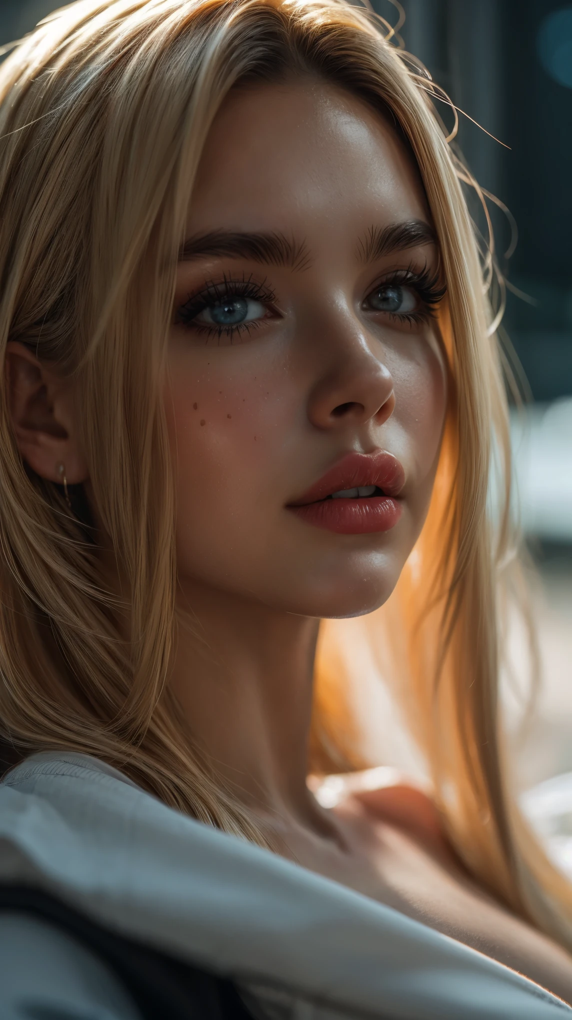 (((Ultra-realistic))), (artistic realization), (ultra-detailed face and eyes: 1.4), 1 girl, (blonde) , (naked) , (thick tousled hair), Detailed eyes, (large detailed lipakeup, (Natural breastany sakura flowers around, close-up, close to the camera)), Dark atmosphere of the frame, (ultra detailed), smile