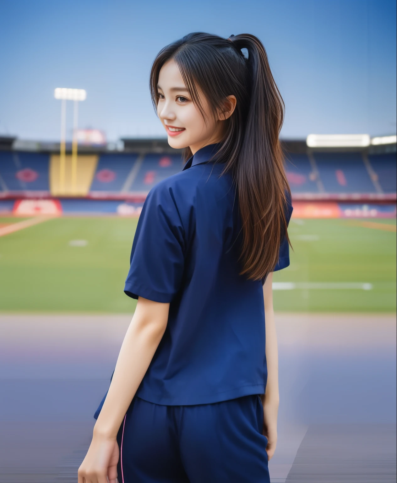 (best quality,10,10,height,Masterpiece:1.2),Special details,(realistic,ภาพrealistic,Realistic photos:1.37),1 cute girl on the football field,shiny, ผิวshiny,only,smile softly,BDclothelue shirt:1.3)),short sleeve,shirt, กางเกงขาlong.,(navy_long_track pants:1.1), ((stadium background:1.3)),Dynamic angle,excited,Face focus,dynamic poses,from behind,focus on ass,Masterpiece, best quality, ultra realistic, hyper-detail, 8K resolution, raw photos, Sharp focus, ((Navy blue shirt:1.1)), short sleeve, เส้นทางlong, perfect body, 2 mature women, 18 years old, Cinema-grade lighting system,blue sweatpants,shirtผ้าออกกำลังกาย,correct anatomy,perfect body, correct body, Sharp face, correct bodyทางกายวิภาค, full body, realistic gestures, long-haired, realistic poses,Wear long shorts................................,ช่วงขาlong,Good shape,carved girl, Slender figure, model, Good shape, beautiful body,blue sweatpants, two girls kissing