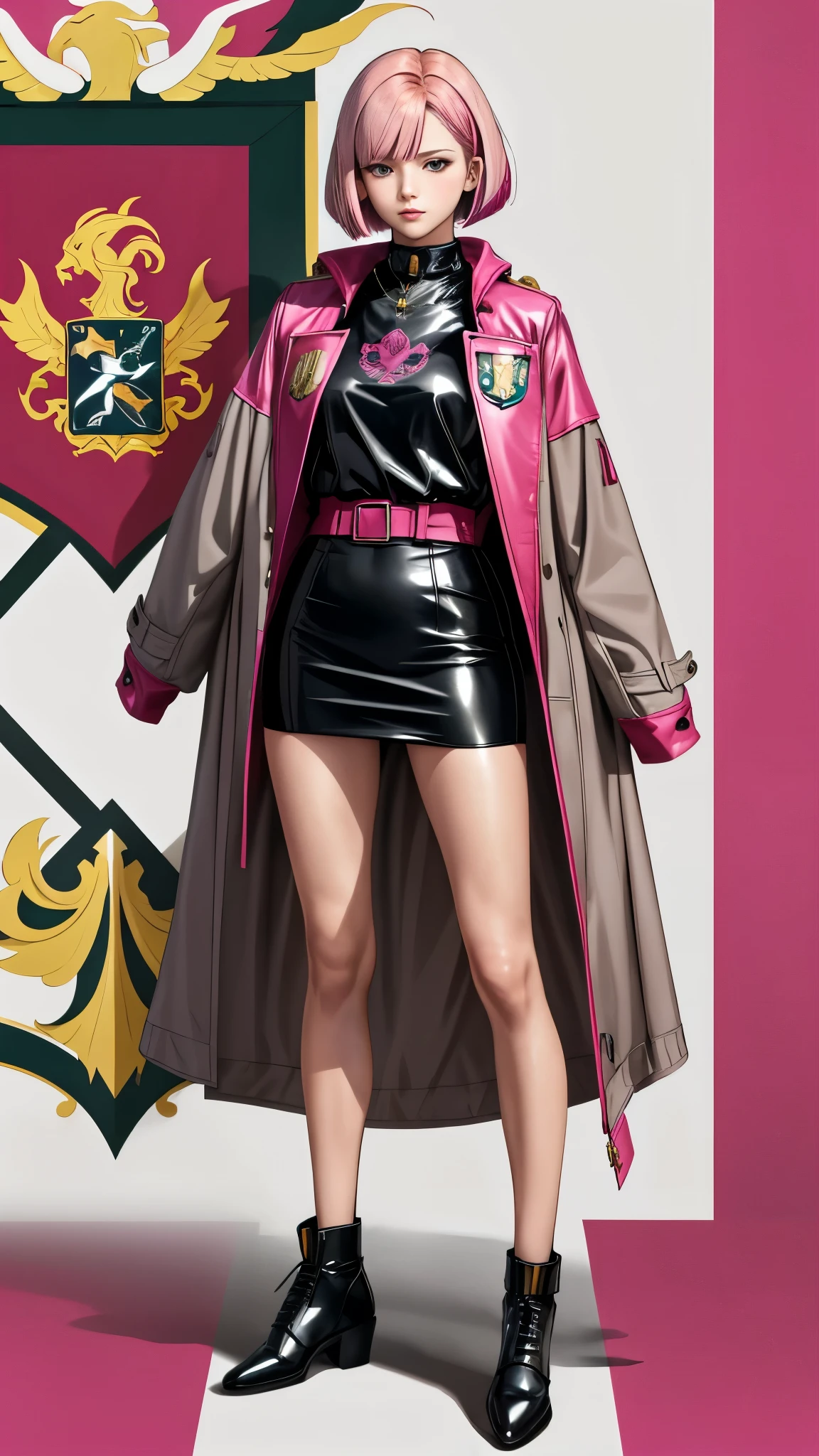 Realistic red Sozabi girl full body photo,short bob cut,Her hair color is bright pink and has a gradation with blonde.,cool look,background is gray,Coat of arms of the Principality of Zeon,The 16-year-old daughter of Hamankarn and Char Aznable.,