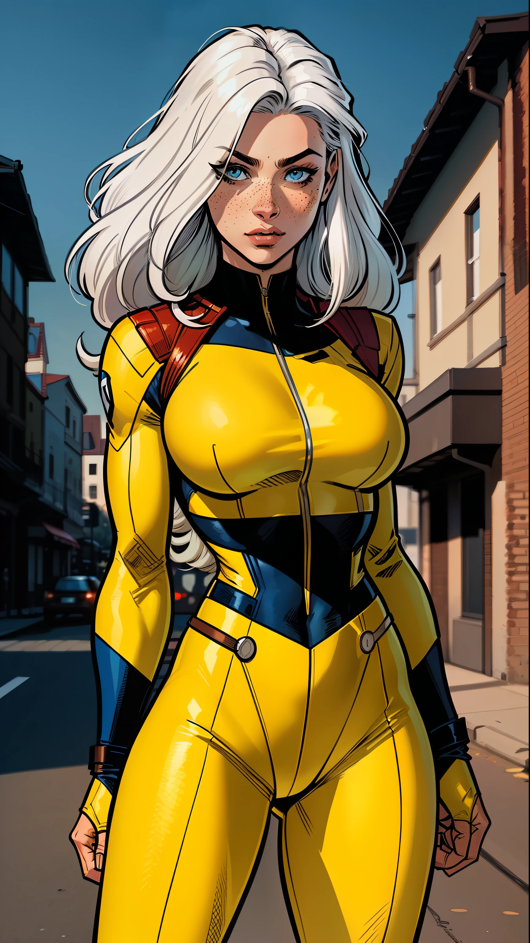 A woman, white hair, hair with bangs, 90's x-men uniform, outside, Marvel art style, comic, blue eyes, some freckles, dark yellow spandex, red accent