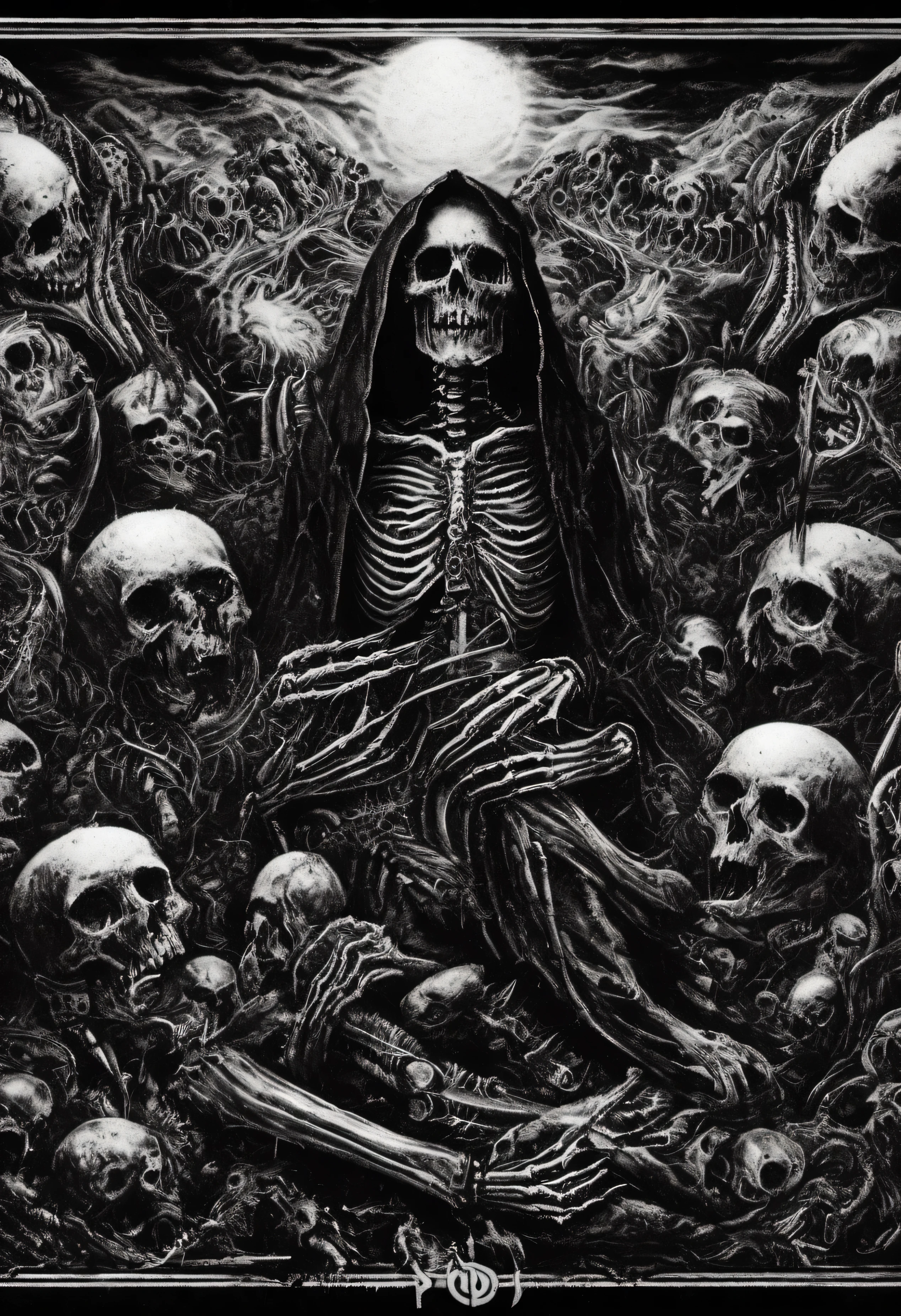 Black and white image of a set of skeletons surrounded by skulls, Highly detailed dark art, 详细的 4k horror art作品, abstract mystical epic work, Detailed cover image, Highly detailed official artwork, Just the art of black metal music, Dark yet detailed digital art, Decorated with devil skull, horror art, intricate gothic bones and meat
