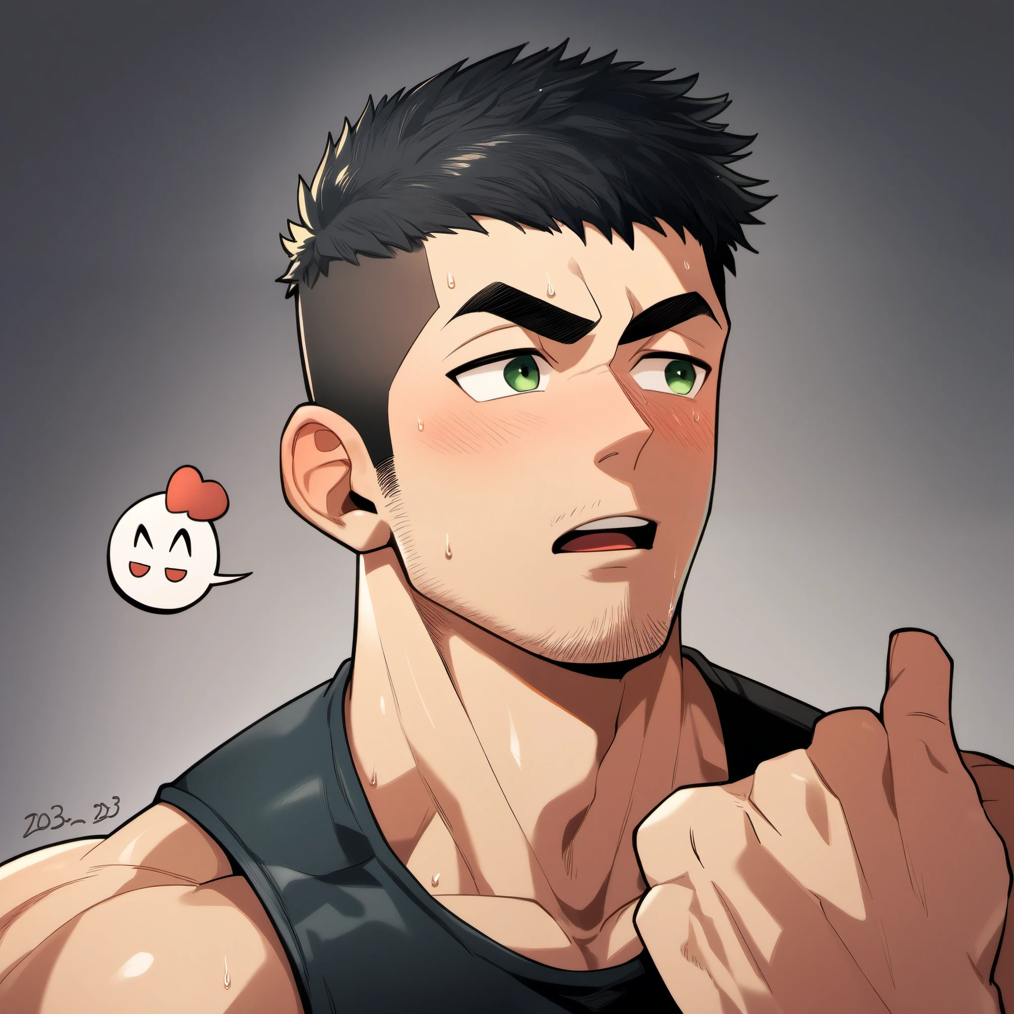 1 sports boy, male focus, Black tight vest, Side Peck, muscular male, muscular, only, Upper body, alone, look to the side, Conversation box, short hair, stubble, blush, sweat, black hair, green eyes, open lips, White background, simple background, amazing quality, best aesthetics, Ridiculous, 2023, v-shaped eyebrows, jitome, crew cut, best quality