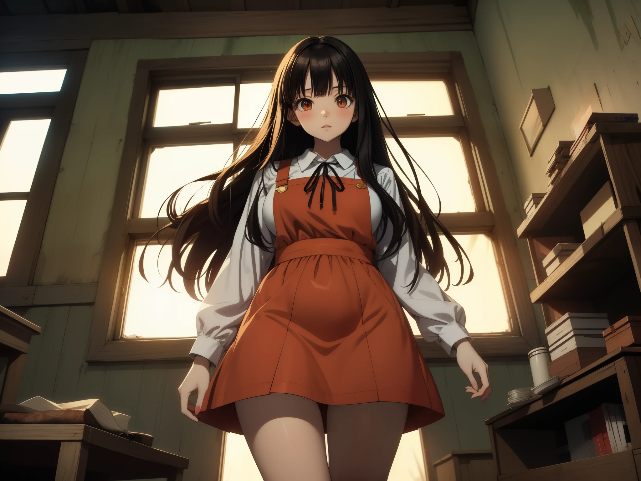 anime style, 1 girl, beautiful girl, sharp eyes, black hair, very long hair, straight bangs, wears a white long-sleeved shirt under a long red pinafore dress, red pinafore dress, miniskirt, black ribbon on her neck, she has bkack socks and brown shoes, long sleeves, thick thighs, wide hips, very big breasts, abandoned house, twilight, walking walking, corridor, window, wooden floor, boxes, shelves, misterious, orange light, from below, panties, cameltoe