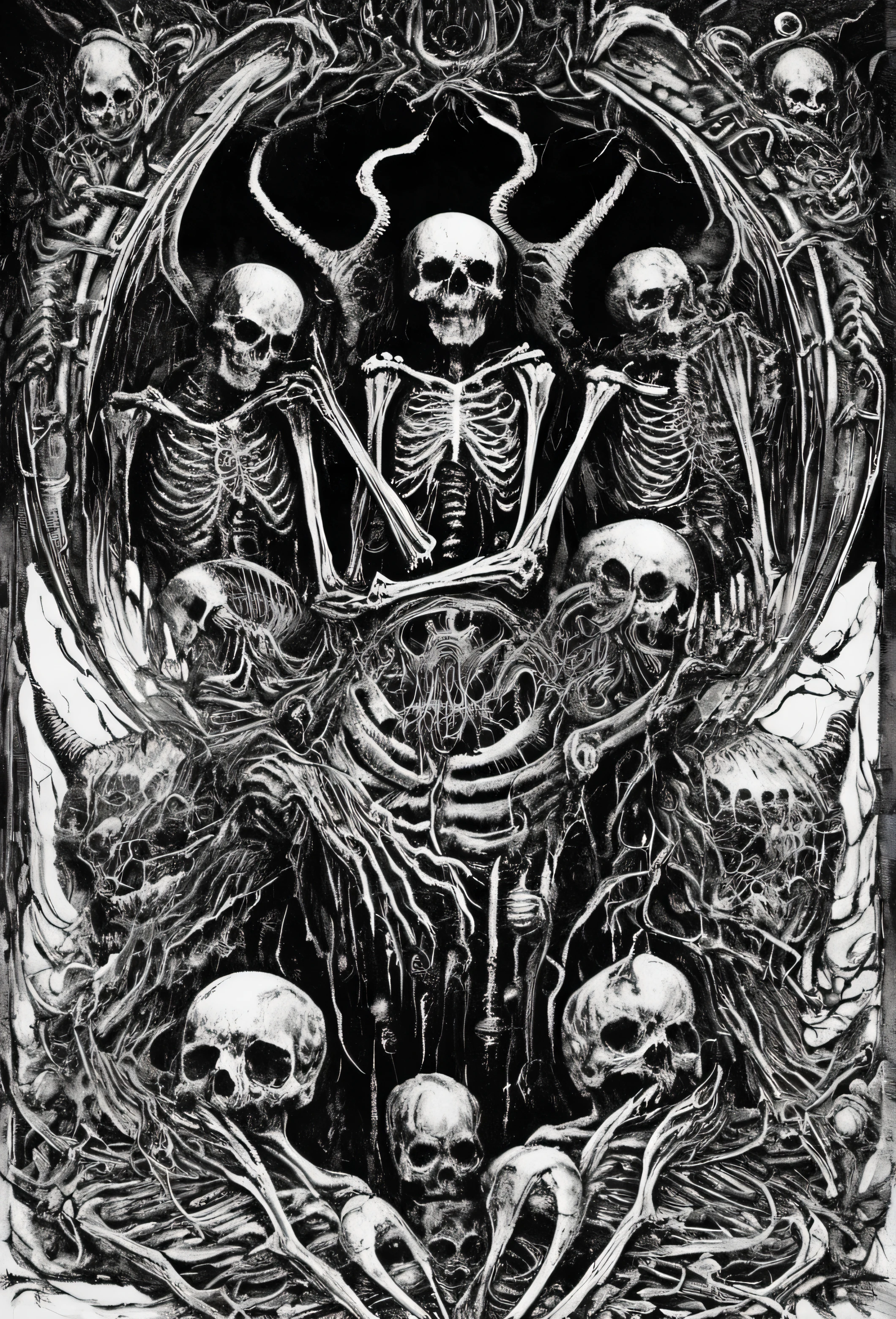 Black and white image of a set of skeletons surrounded by skulls, Highly detailed dark art, Mark Reddick, 详细的 4k horror art作品, Abstract mystical epic work, Detailed cover image, Very detailed official artwork, Just the art of black metal music, Dark and detailed digital art, Decorated with devil skull, horror art, intricate gothic bones and meat