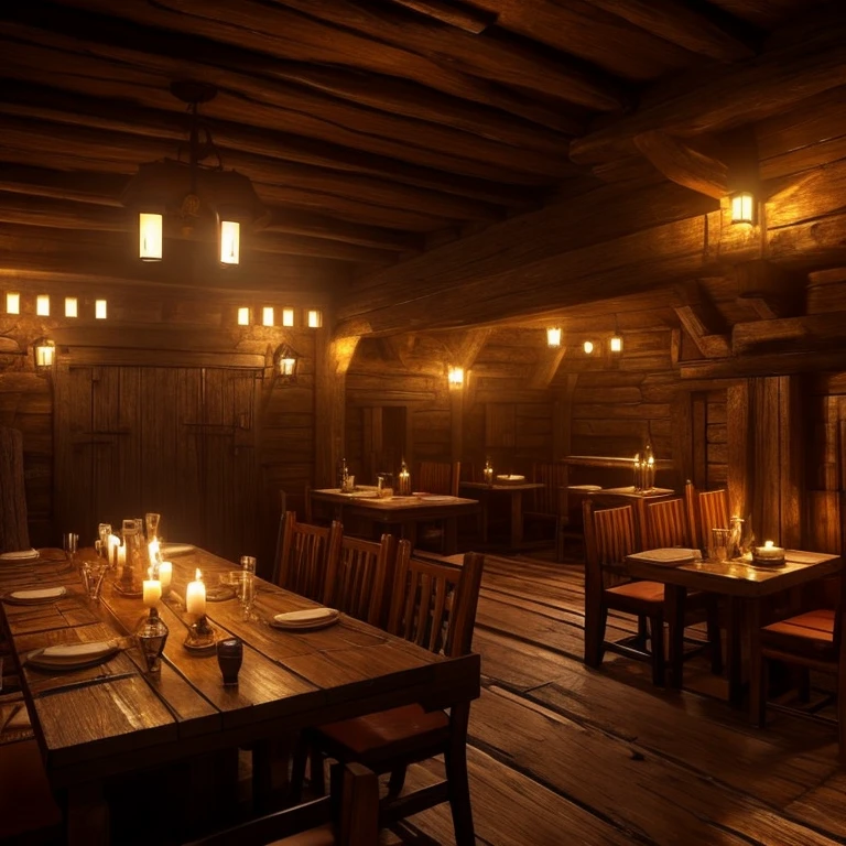 A medieval tavern, warm light, wooden walls, interior depth, candles and drinks are on the tables in an empty cozy room 