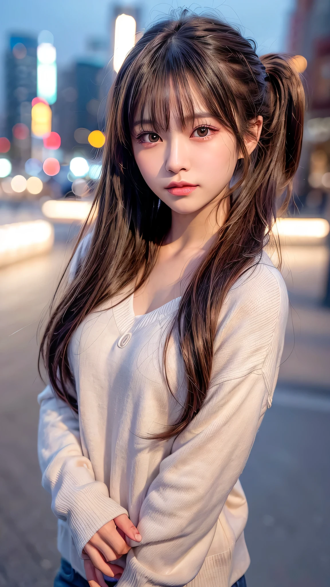 blush,,small breasts,winter,european cityscape,night,long hair ponytail,outdoors,暖かいwinterの服装,wearing a hooded hoodie,wearing jeans,close up of face,((8k, RAW photo, highest quality, pieces fly:1.2), (reality, realistic:1.4), (Highly detailed 8k wallpaper), written boundary depth, cinematic lighting, soft light, Details beauty eye,Shiny and smooth light brown ponytail, asymmetrical bangs, shiny skin, super dense skin ,High resolution, high detail, detailed hairstyle, detailed beauty face, hyper real, perfect limbs, perfect anatomy ,1 Japanese girl,famous japanese idol, perfect female body,shy smile,short eyelashes,double eyelid,look straight here,Hair style is ponytail,