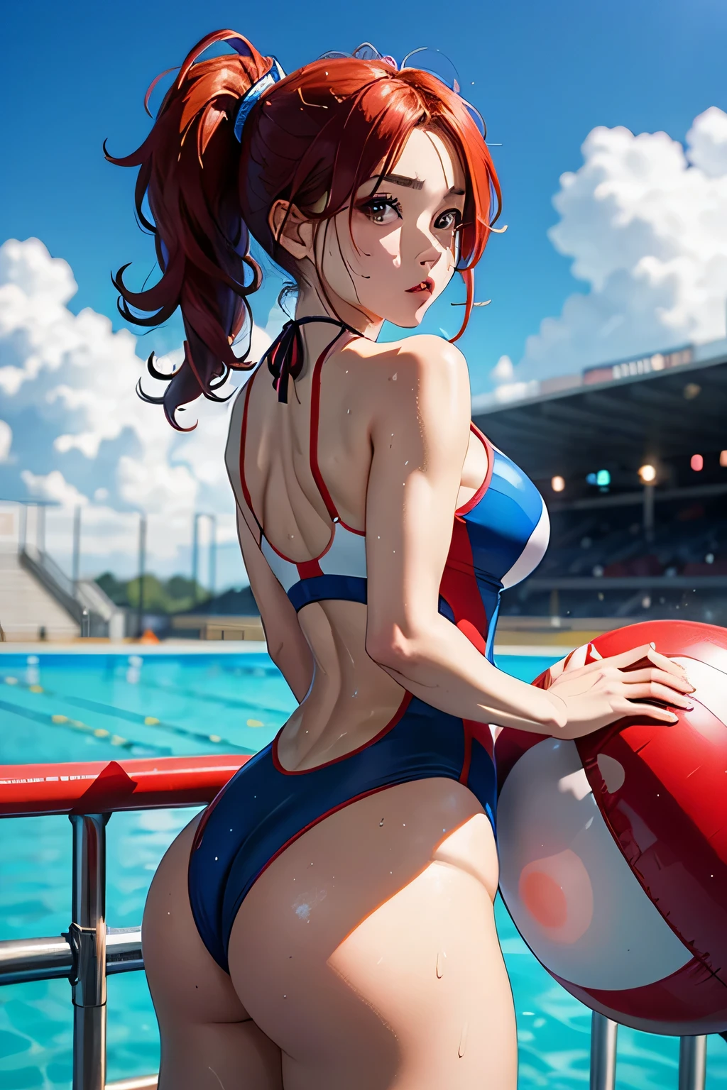 view from behind、show your butt、The emphasis is on the butt、actual、Super high chroma、8k、Long red hair(((30 year old woman)))、((((She was wearing a red and blue competition swimsuit。))))、competitive swimmer、big breasts、Thick thighs、Pay attention to muscle development。競泳プールolympic Comcompetitive swimmerics stadium 美しい顔, Highly detailed face and skin textures, A disdainful expression appeared on his face,(Eyes have small wrinkles, double eyelids, thin eyebrows, glitter eyeliner: 1.2, natural cheeks, skin shiny, White skin,, (glossy lips: 1. 4),Sweating 1.0、(((vitality)))