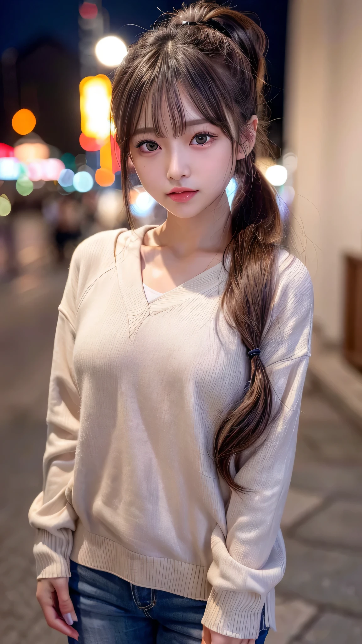 blush,14 years old,small breasts,winter,european cityscape,night,long hair ponytail,outdoors,暖かいwinterの服装,wearing a hooded hoodie,wearing jeans,close up of face,((8k, RAW photo, highest quality, pieces fly:1.2), (reality, realistic:1.4), (Highly detailed 8k wallpaper), written boundary depth, cinematic lighting, soft light, Details beauty eye,Shiny and smooth light brown ponytail, asymmetrical bangs, shiny skin, super dense skin ,High resolution, high detail, detailed hairstyle, detailed beauty face, hyper real, perfect limbs, perfect anatomy ,1 Japanese girl,famous japanese idol, perfect female body,shy smile,short eyelashes,double eyelid,look straight here,Hair style is ponytail,