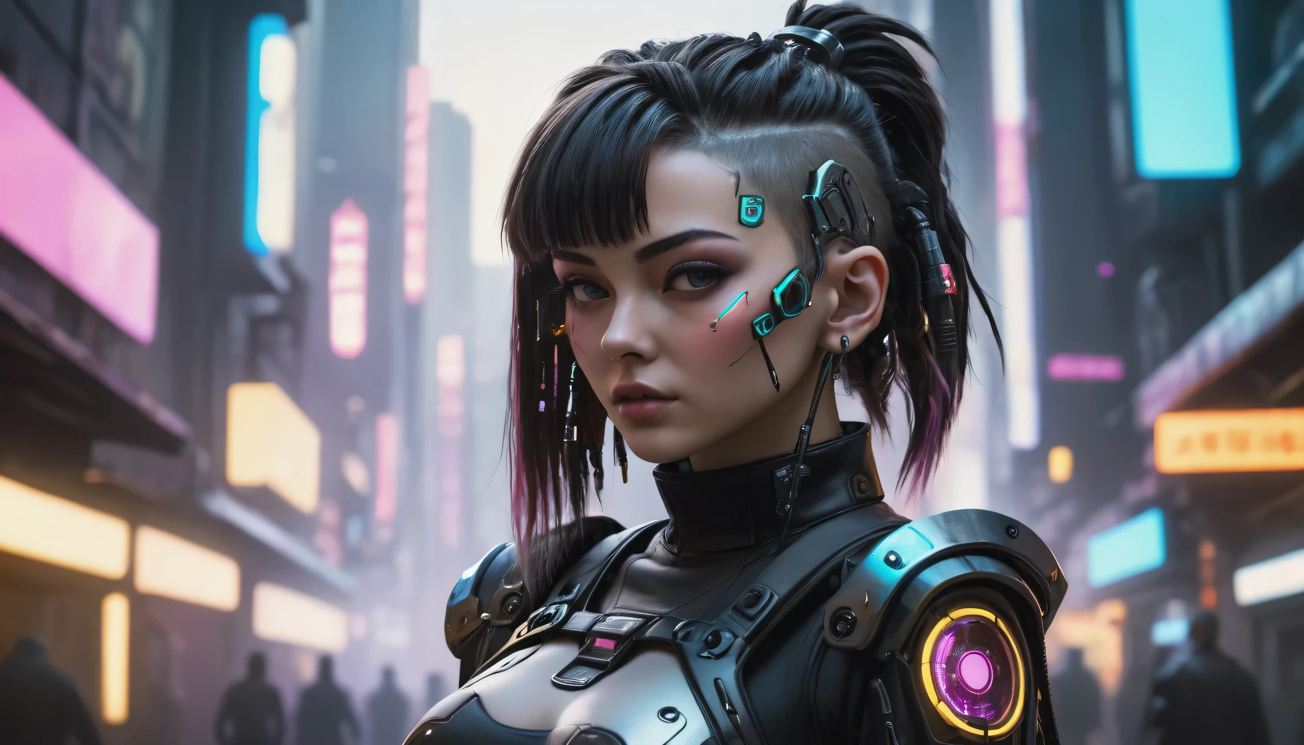 (top quality,8K,32K,Masterpiece,UHD:1.3),ultra high resolution,(Photorealistic:1.4),Raw-Photo, девушка в стиле cyberpunk, Detailed cute face,волосы в стиле cyberpunk,cyberpunk мода,very detailed clothing,half body shot,
,cyberpunk city background,Backlight effect, lens flare, depth of field, cyberpunk