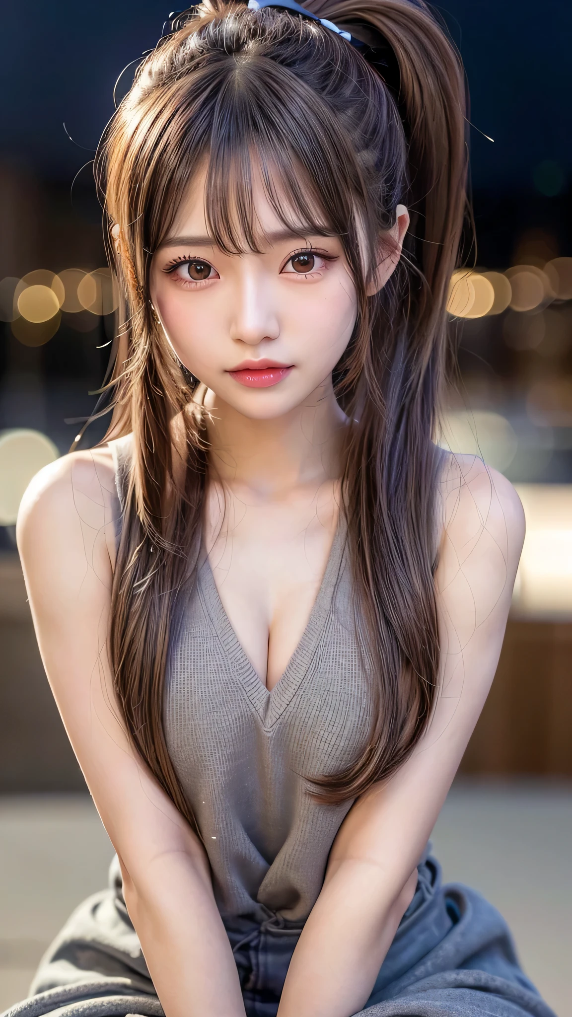 UHD, textured skin, super detail, high details, best quality, highres, 4K
、Japanese 、 Pigtail Hair、Black Hair, Inner Color, Purple Hair, Ahoge, Asymmetrical hairstyles, Bangs, Curly Hair, Frowning, Half-closed eyes, Long eyelashes, Frowning, Open your mouth a little, Cleavage:1.2, Super detailed face、Red tie、Attention to detail、double eyelid、Put your chest together、Sharp focus:1.2、Beautiful woman:1.4、Highly detailed and professionally lit smile、Shoulder out、thin、Serious expression、whole body、Red underwear、garter belt、stockings、Long legs、 Sharp focus :1.2, Beautiful woman with perfect figure :1.4, A wistful smile, Upward glance, looking at the camera, Thin Abs :1.1, ((Brown Hair, Big Breasts :1.2)), Highly detailed face and skin texture、Black choker around the neck、garter belt、Lie down on a park bench
