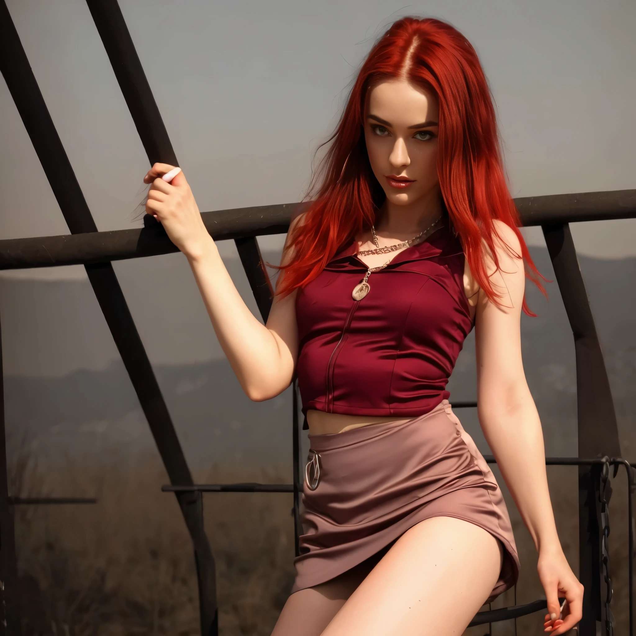 Lenore, red hair, looking at viewer, 8k, hd, detailed, legs, full body, vampire, short skirt, femdom, chains in background, pale skin, sweaty, toned legs, full leg view, full body view, smooth legs, skinny, beautiful, smooth legs