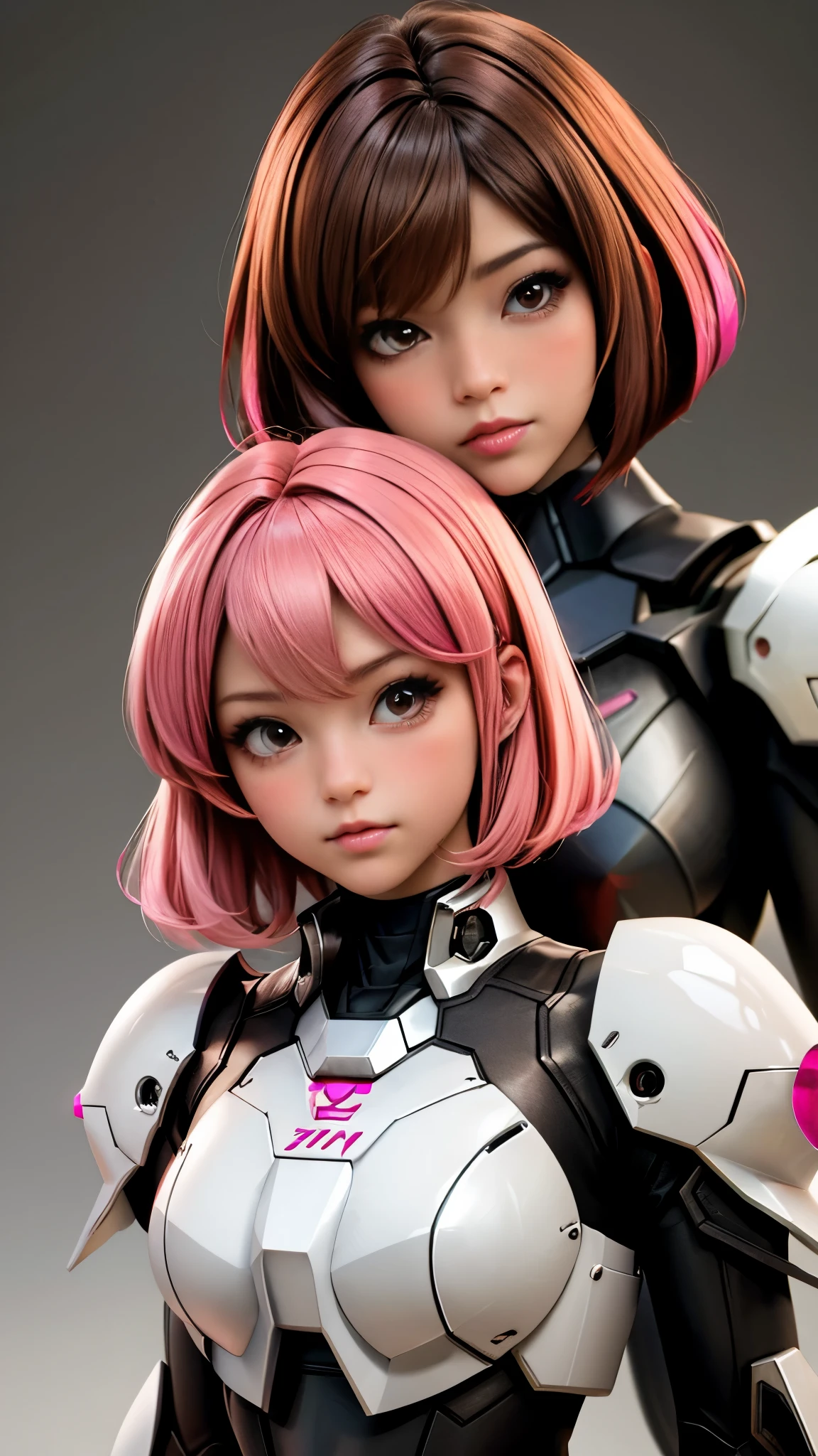 Photo of two realistic black Sazabi girls,Shortcut Bob Cut,I have a lot of hair,brown eyes,Hair color is bright pink,cool look,background is gray,16 year old daughter of Haman Khan and Char Aznable.