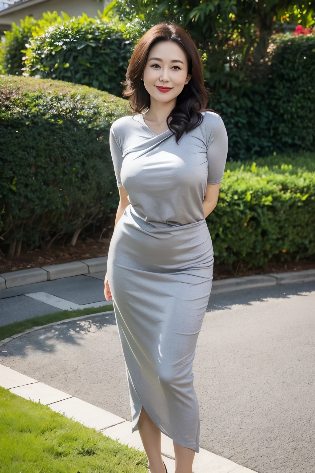 Draw lips correctly, red lipstick, from chest up, best quality, Super detailed, lifelike, Super fine skin, perfect anatomy, (1 日本Mature的女人), (alone),Wear gray sweater crew neck dress,short sleeve,wavy long hair,37-year-old female,Mature,charming smile,garden background,stand,Chubby body,Big breasts,full-body shot。