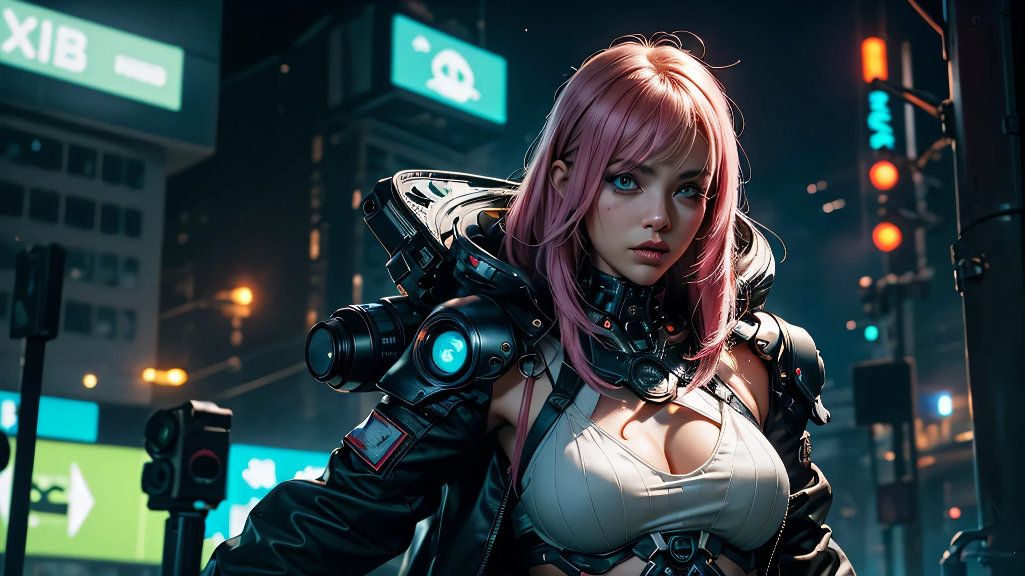 Image designer "cyberpunk & Realistic". Futuristic image of a perfectly tattooed woman with a high-tech mechanical prosthesis.. Ощутите эстетику cyberpunkа с помощью неоновых огней и светящихся татуировок., while maintaining a realistic depiction of her features. "lighting" Динамическое неоновое освещение с естественными источниками света для выделения татуировок и протезов в стиле cyberpunk, while maintaining realistic shadows and highlights.. "Camera positioning" Off-center camera position and close-up, съемка динамичной позы для детальной демонстрации татуировок в стиле cyberpunk и высокотехнологичных протезов.. "Color palette" cyberpunk-inspired color palette with neon shades like electric blue, fluorescent pink, and glowing green, complemented by realistic skin tones and metallic accents, symbolizing advanced technologies...