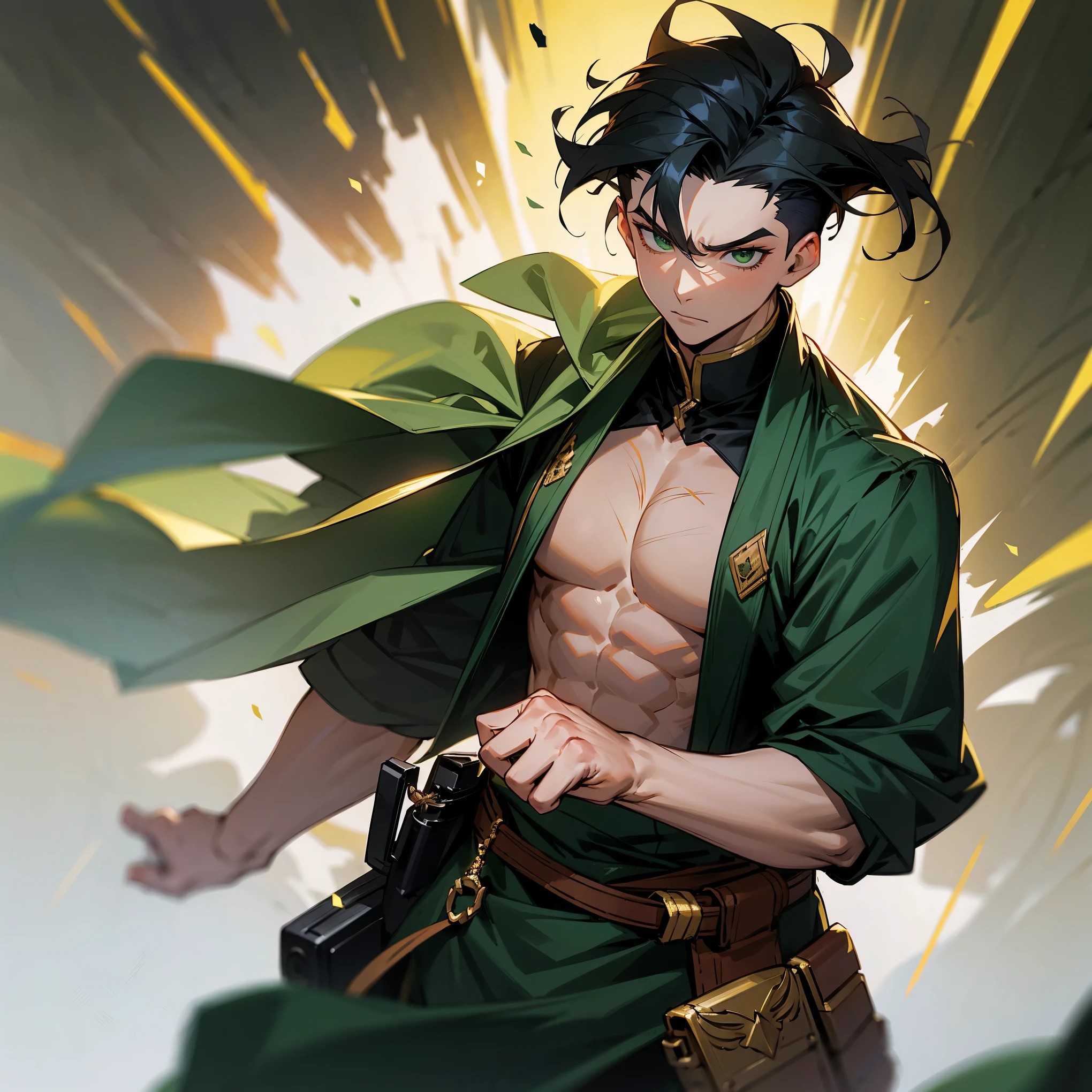 1male , Black Hair , Long Wavy Hair , Green Eyes , Undercut Hair , Muscular , Battlefield Background , Warrior Clothing , Serious Expression