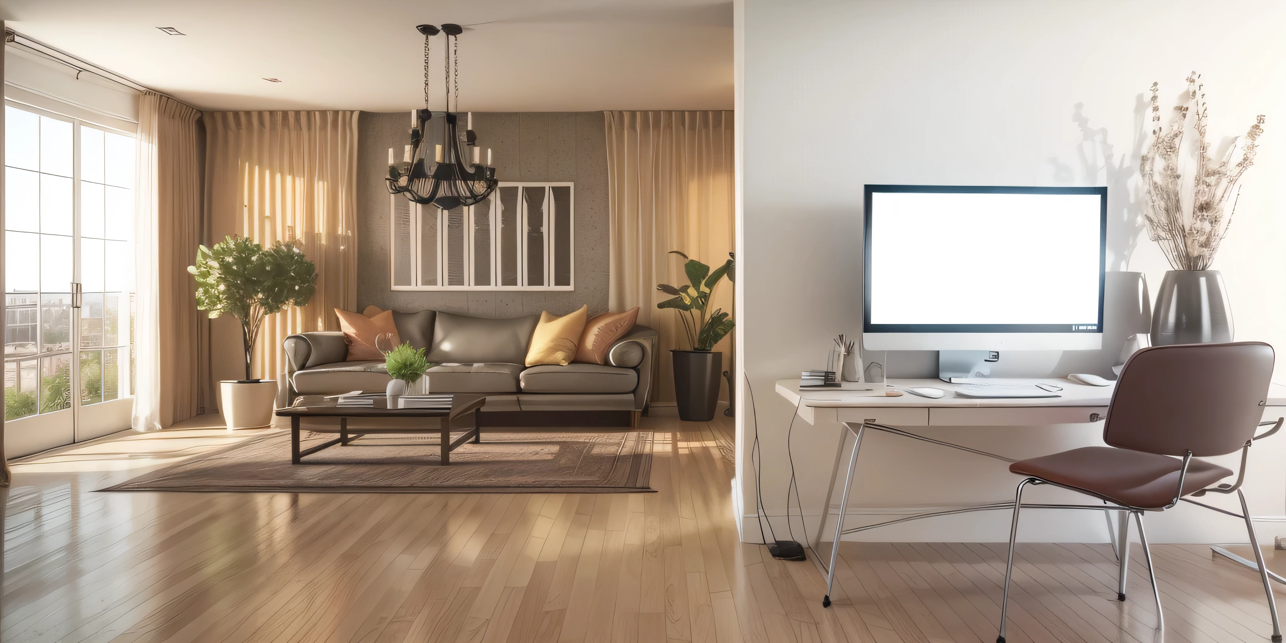 there is a computer on a desk in a room with a couch, living room background, living room interior, interior design living room, interior of a living room, living room wall background, interior design background, modern look, in style of 3d render, popular interior design style, living room interior design, highly detailed 3d render, highly detailed 3 d render